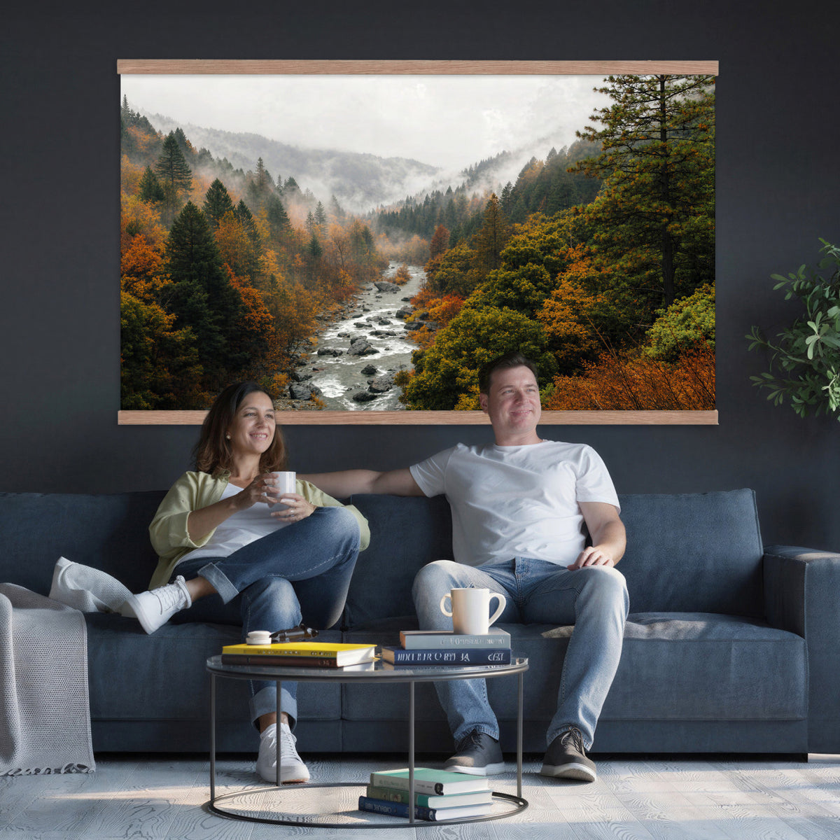 95540697-MGV-TP-30X20 - Misty River Mountain Valley Canvas Wall Art - Autumn Forest Landscape Nature Print