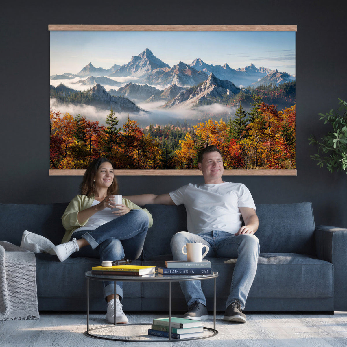 38847944-MGV-TP-30X20 - Majestic Mountain Peak Canvas Wall Art - Panoramic Autumn Forest Fog Landscape Print