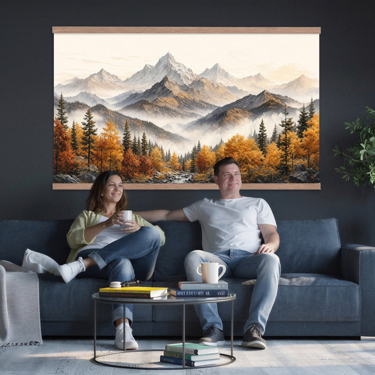 21309099-MGV-TP-30X20 - Extra Large Misty Mountain Autumn Forest Canvas Wall Art - Watercolor Fall Nature Landscape Print