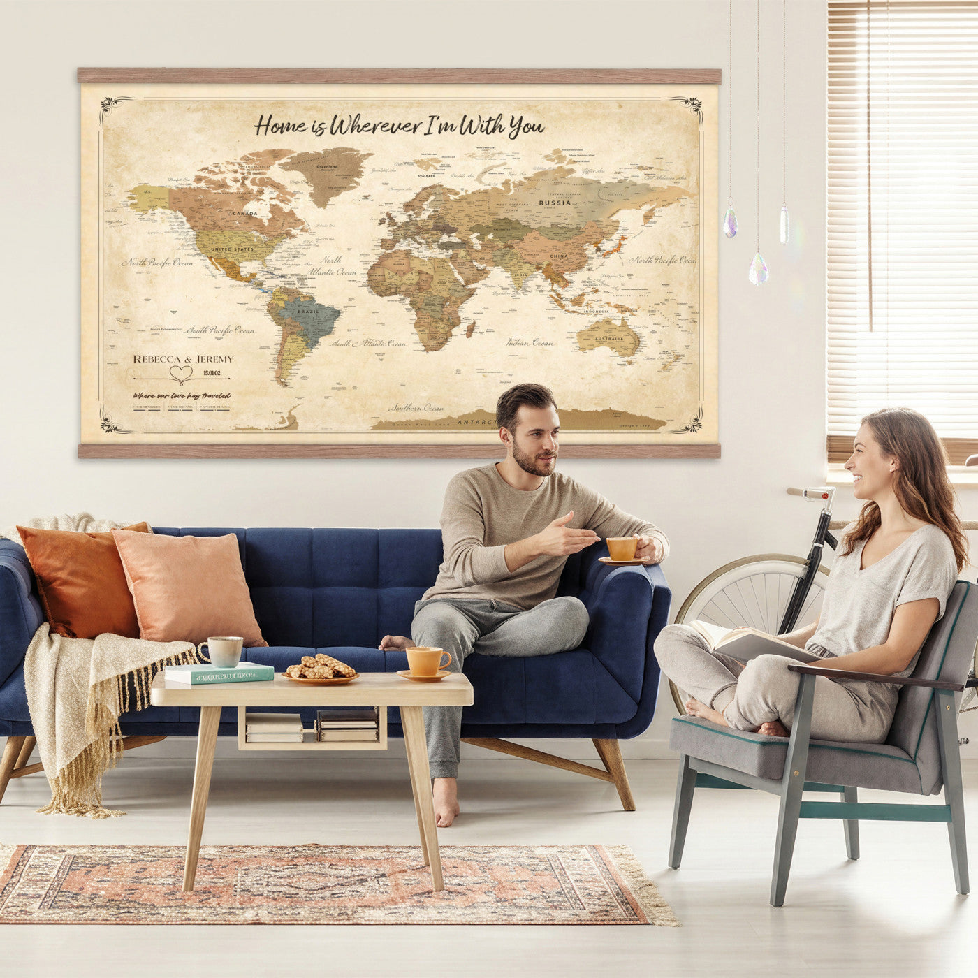40086165-T-MGV-TP-30X20 - Framed Vintage Custom World Map Tapestry Print - Personalized Travel Map Wall Art Tapestry