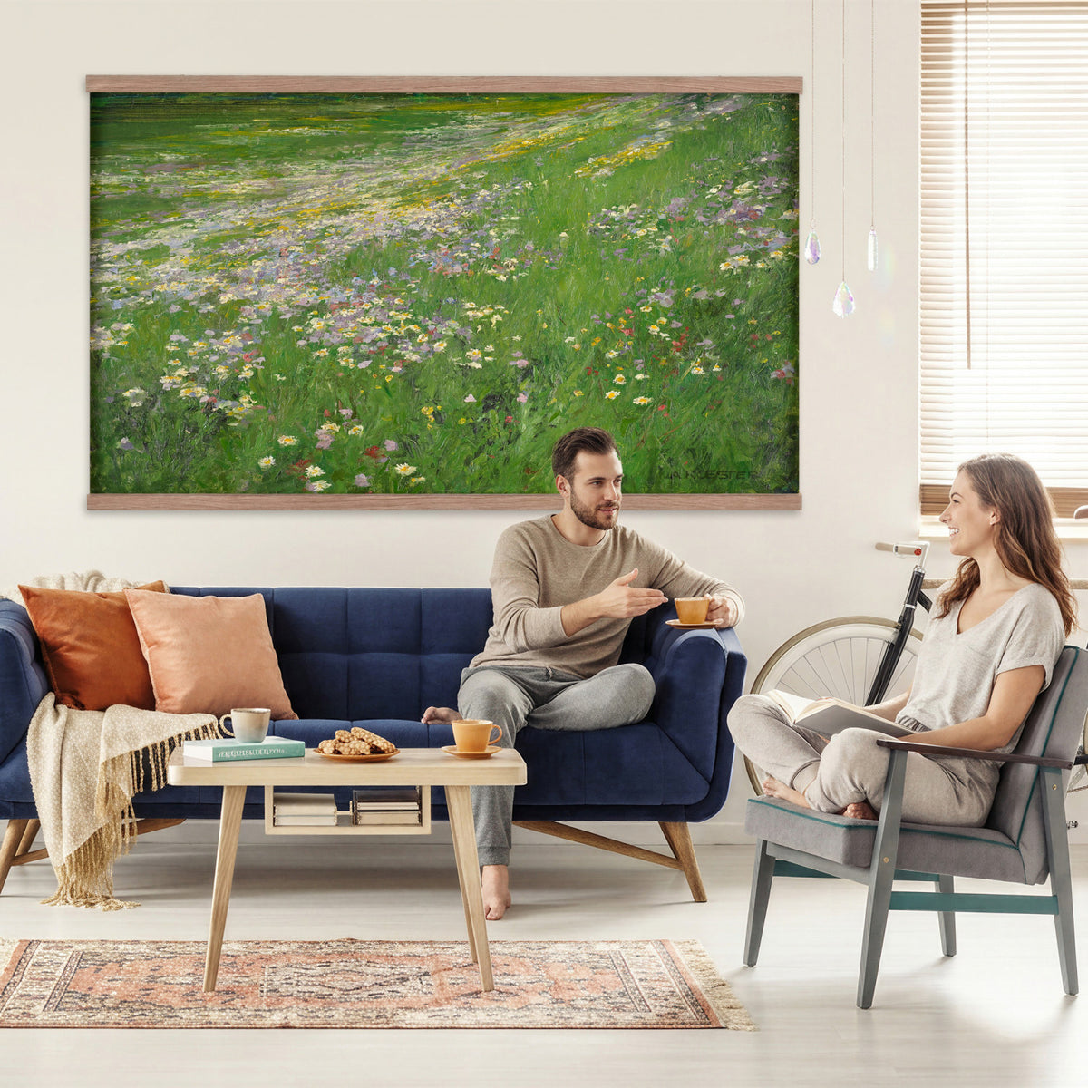 63535040-MGV-TP-30X20 - Impressionism oil painting tapestry wall hanging of "Wildflower Meadow", showing a wide meadow of daisies and summer wildflowers, painted in quick color strokes under warm open light in white daisies and yellow blooms across fresh green grass. Extra large wall art, made in the USA.