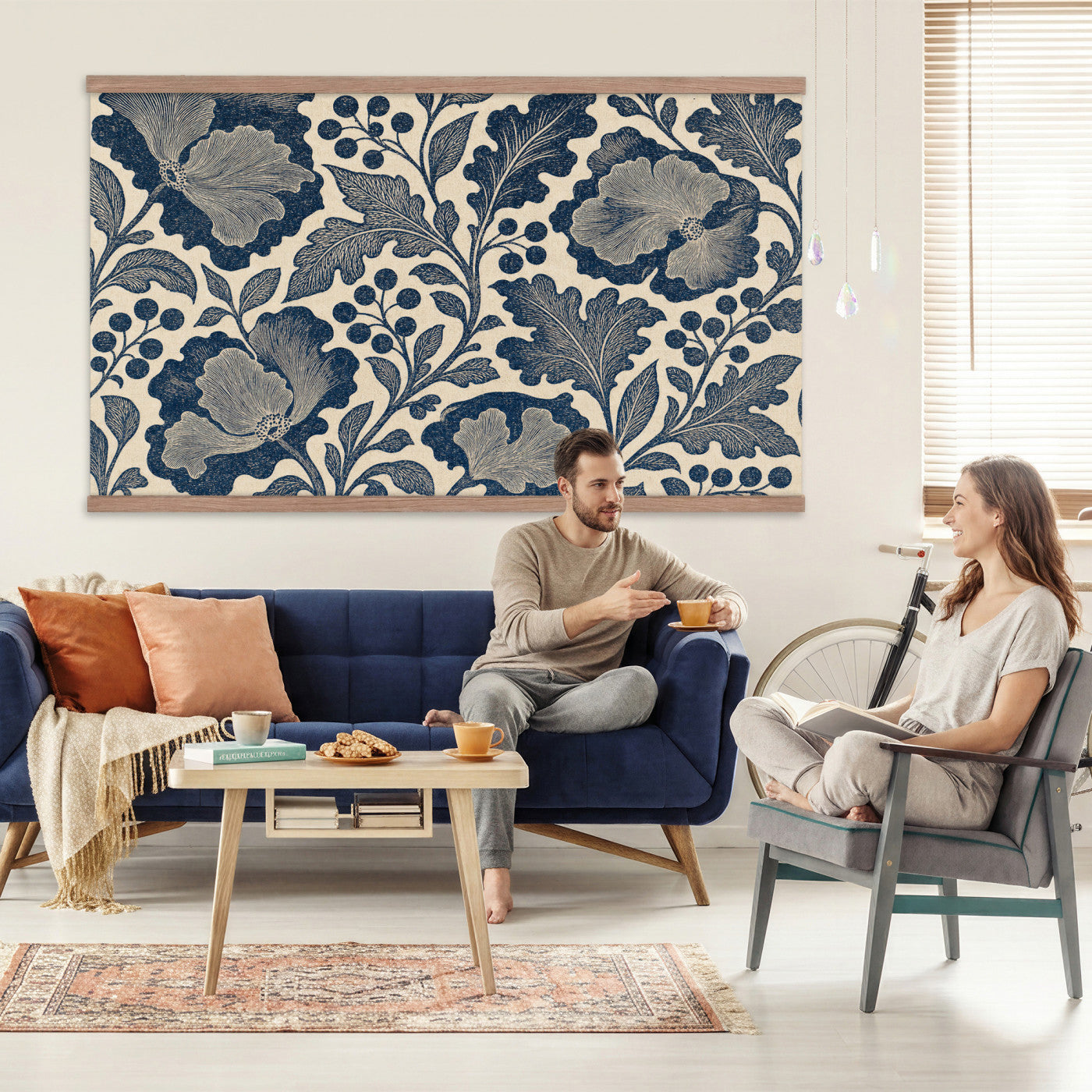 97130377-MGV-TP-30X20 - Art Nouveau pattern design tapestry wall hanging of "Indigo Botanical Pattern" by William Morris, showing trailing indigo stems, open blossoms and curling leaves repeating across the full width in deep indigo and cobalt blue with soft cream linework. Extra large wall art, made in the USA.
