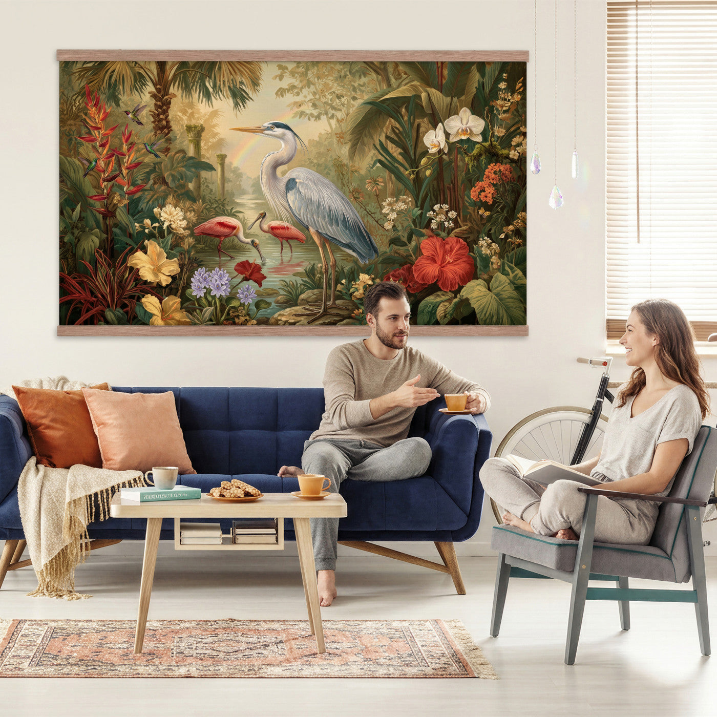 20081183-MGV-TP-30X20 - Botanical botanical illustration tapestry wall hanging of "Great Blue Heron in the Jungle", showing a great blue heron standing among hibiscus blooms, palm fronds and dense tropical foliage in deep jungle greens with red hibiscus and soft blue heron plumage. Extra large wall art, made in the USA.