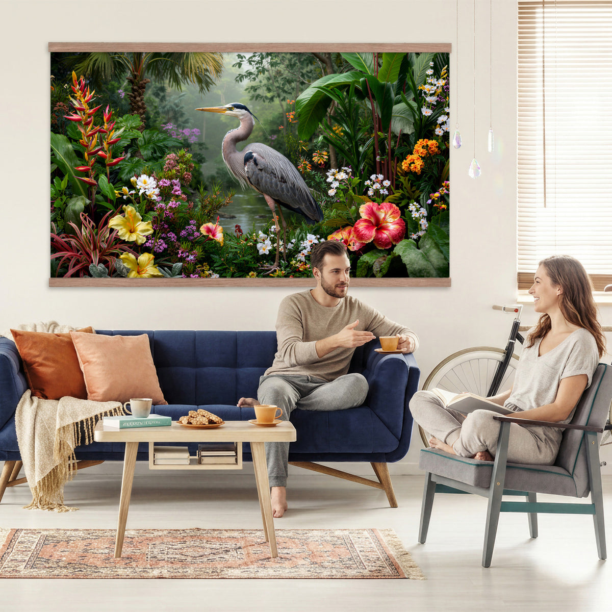 82504330-MGV-TP-30X20 - Botanical botanical illustration tapestry wall hanging of "Great Blue Heron in the Jungle", showing a great blue heron standing among hibiscus blooms, palm fronds and dense tropical foliage in deep jungle greens with red hibiscus and soft blue heron plumage. Extra large wall art, made in the USA.