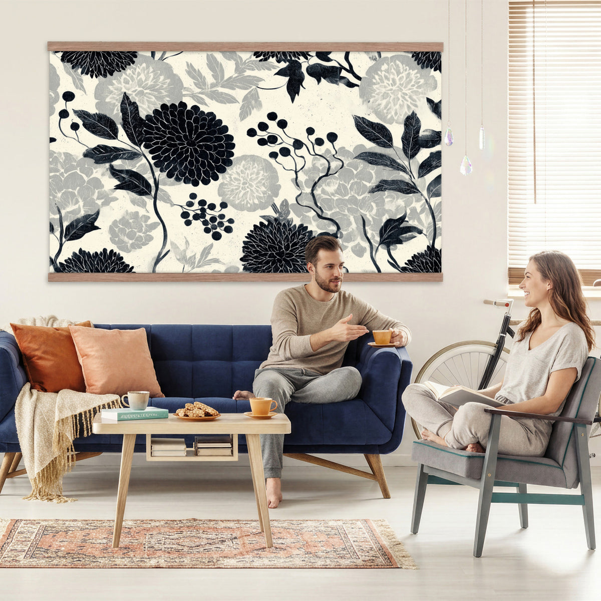 27269625-MGV-TP-30X20 - Chinoiserie ink block print tapestry wall hanging of "Chinoiserie Peony and Chrysanthemum Panel", showing peonies and chrysanthemums layered across a soft grey field, drawn in muted black line in black and soft grey linework on a warm neutral ground. Extra large wall art, made in the USA.