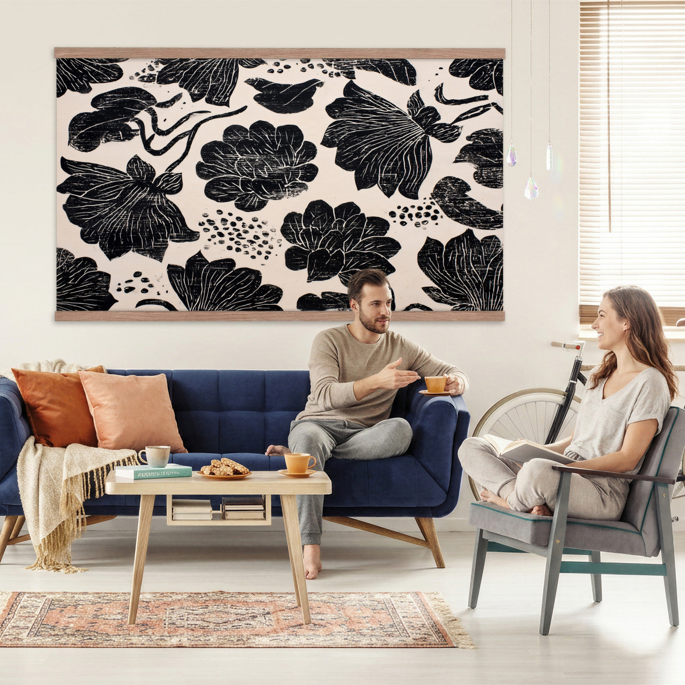 91793867-MGV-TP-30X20 - Chinoiserie ink block print tapestry wall hanging of "Chinoiserie Lotus Panel", showing open lotus flowers and broad water lily pads rising on tall stems, cut in bold black and white in deep black lotus linework on a soft white ground. Extra large wall art, made in the USA.