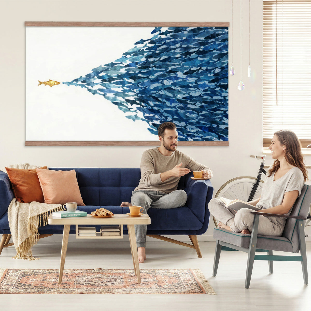 79089639TT-MGV-TP-30X20 - Abstract Blue Fish School Canvas Wall Art, Gold Foil Accent Marine Print