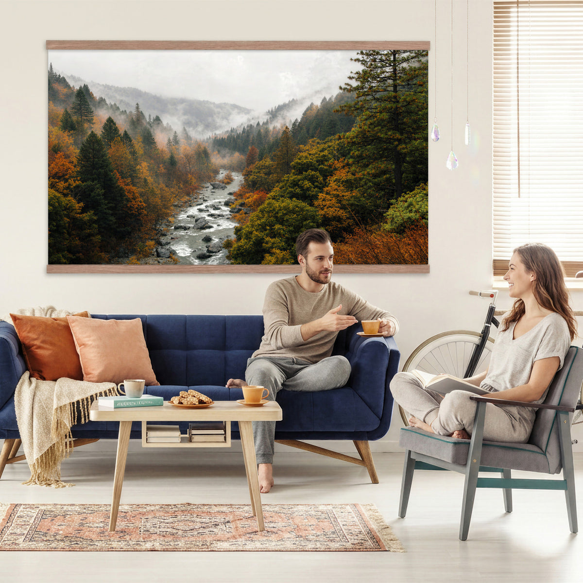 95540697-MGV-TP-30X20 - Misty River Mountain Valley Canvas Wall Art - Autumn Forest Landscape Nature Print