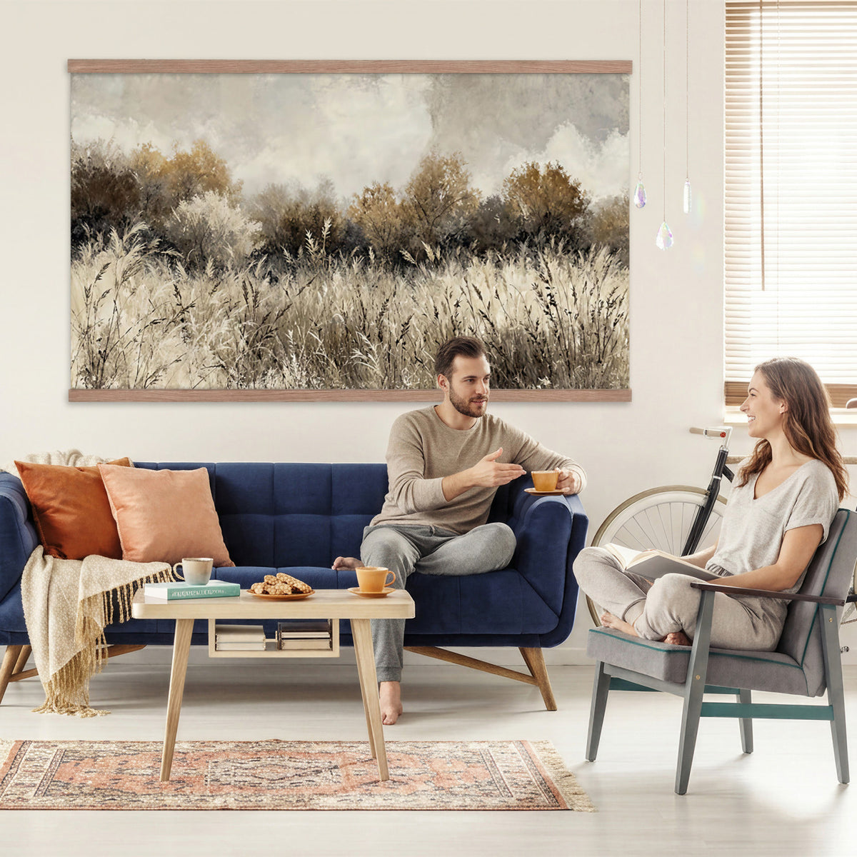 53959945-MGV-TP-30X20 - Muted Neutral Forest Landscape Canvas Wall Art - Vintage Rustic Wildflower Meadow Print