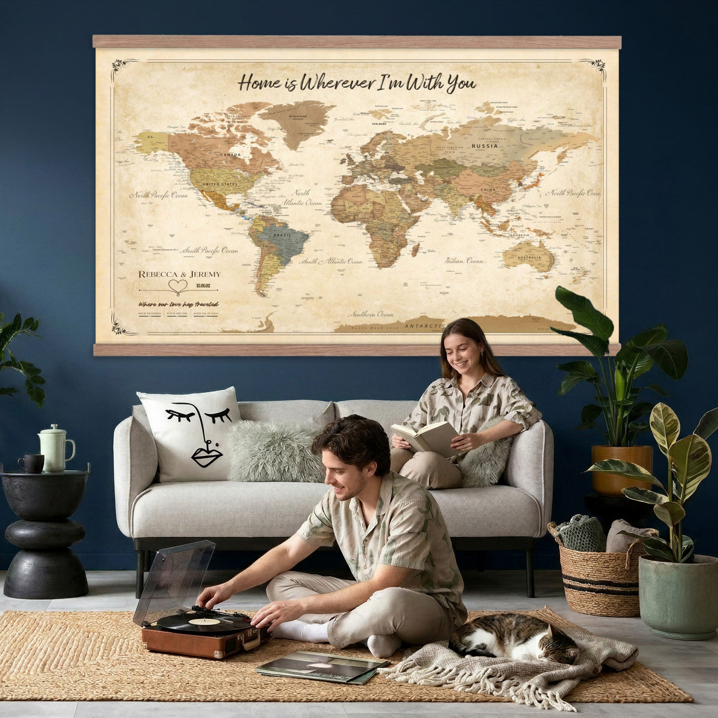 40086165-MGV-TP-30X20 - Framed Vintage Custom Push Pin World Map Canvas Print – Personalized Travel Map Wall Art