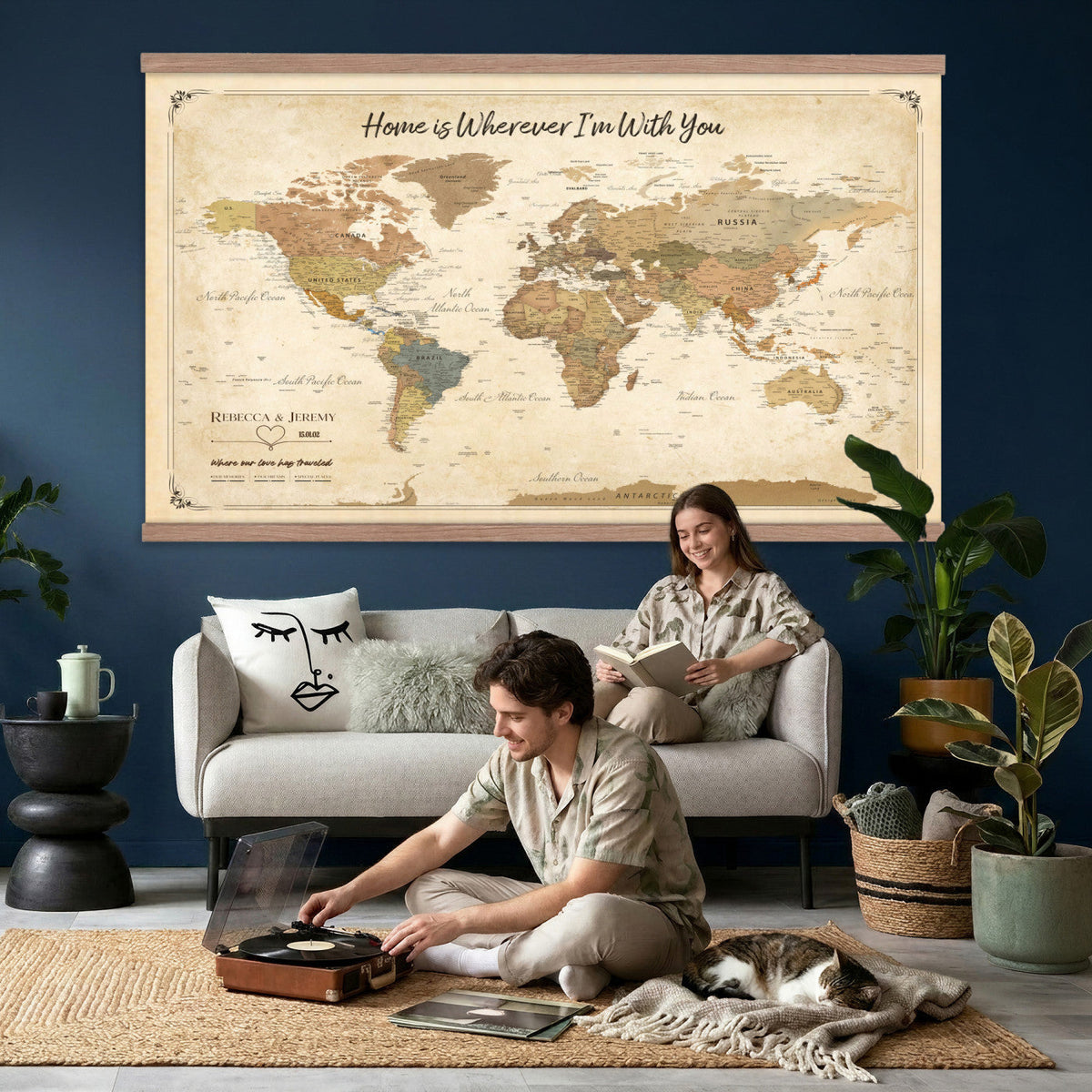 40086165-T-MGV-TP-30X20 - Framed Vintage Custom World Map Tapestry Print - Personalized Travel Map Wall Art Tapestry
