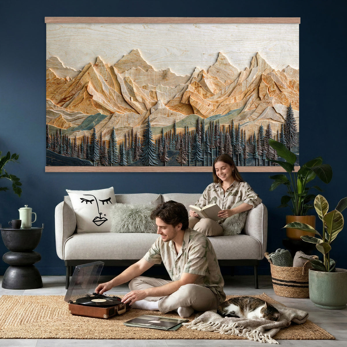 66676213-MGV-TP-30X20 - Geometric Wood Mountain Wall Art Canvas Print, 3D Look Rustic Mosaic Landscape Print