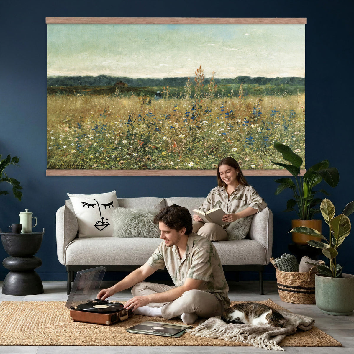78325586-MGV-TP-30X20 - Realism oil painting tapestry wall hanging of "Champ fleuri" by Antoine Chintreuil, showing a wide flowering field running toward a low horizon, with soft scattered blooms and a pale open sky in soft white and green field tones under a pale luminous sky. Extra large wall art, made in the USA.