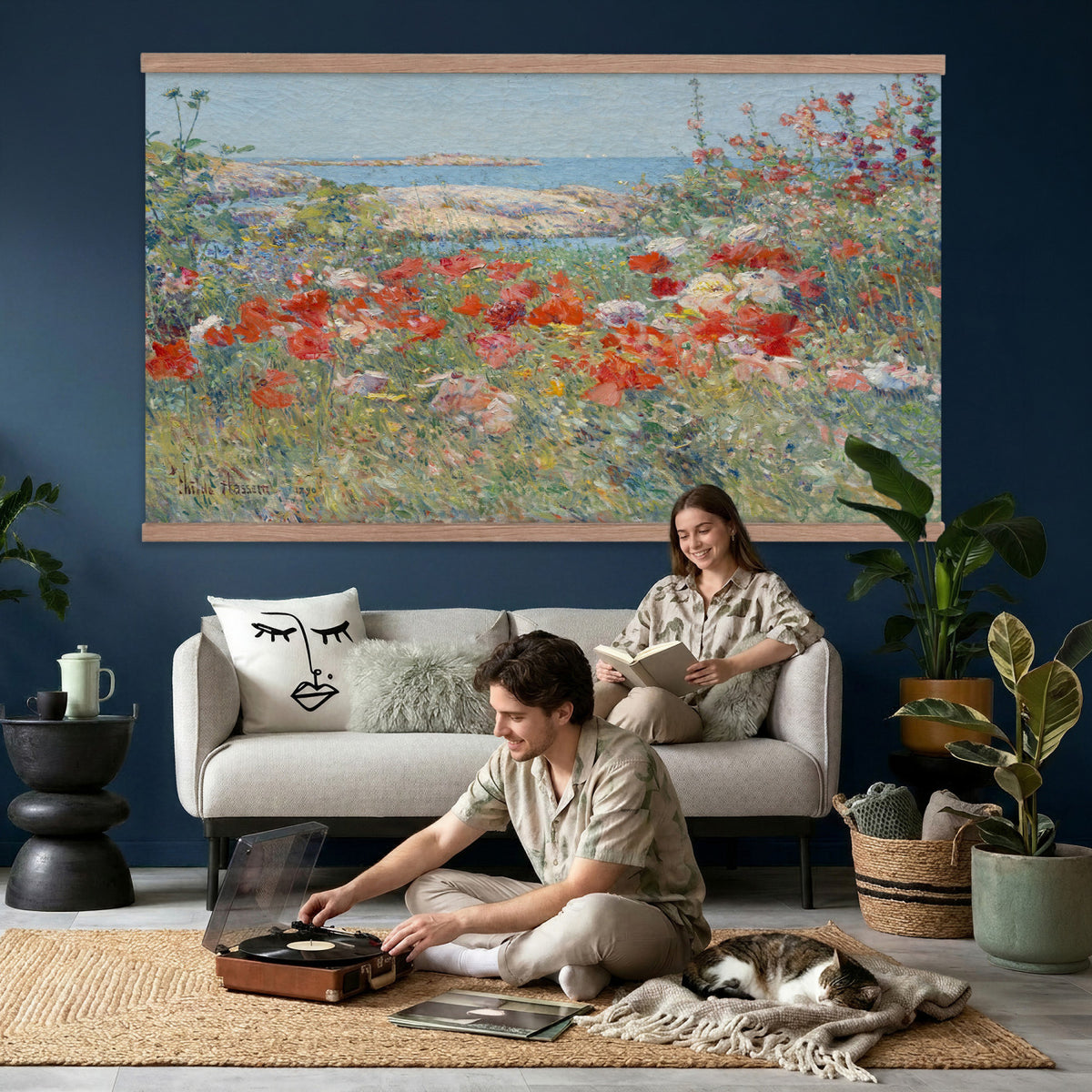 16720314-MGV-TP-30X20 - Impressionism oil painting tapestry wall hanging of "Celia Thaxter's Garden, Isles of Shoals" by Childe Hassam, showing a cliffside garden bursting with red poppies above a bright blue sea and rocky island shore in vivid red poppies against deep blue sea and green garden foliage. Extra large wall art, made in the USA.