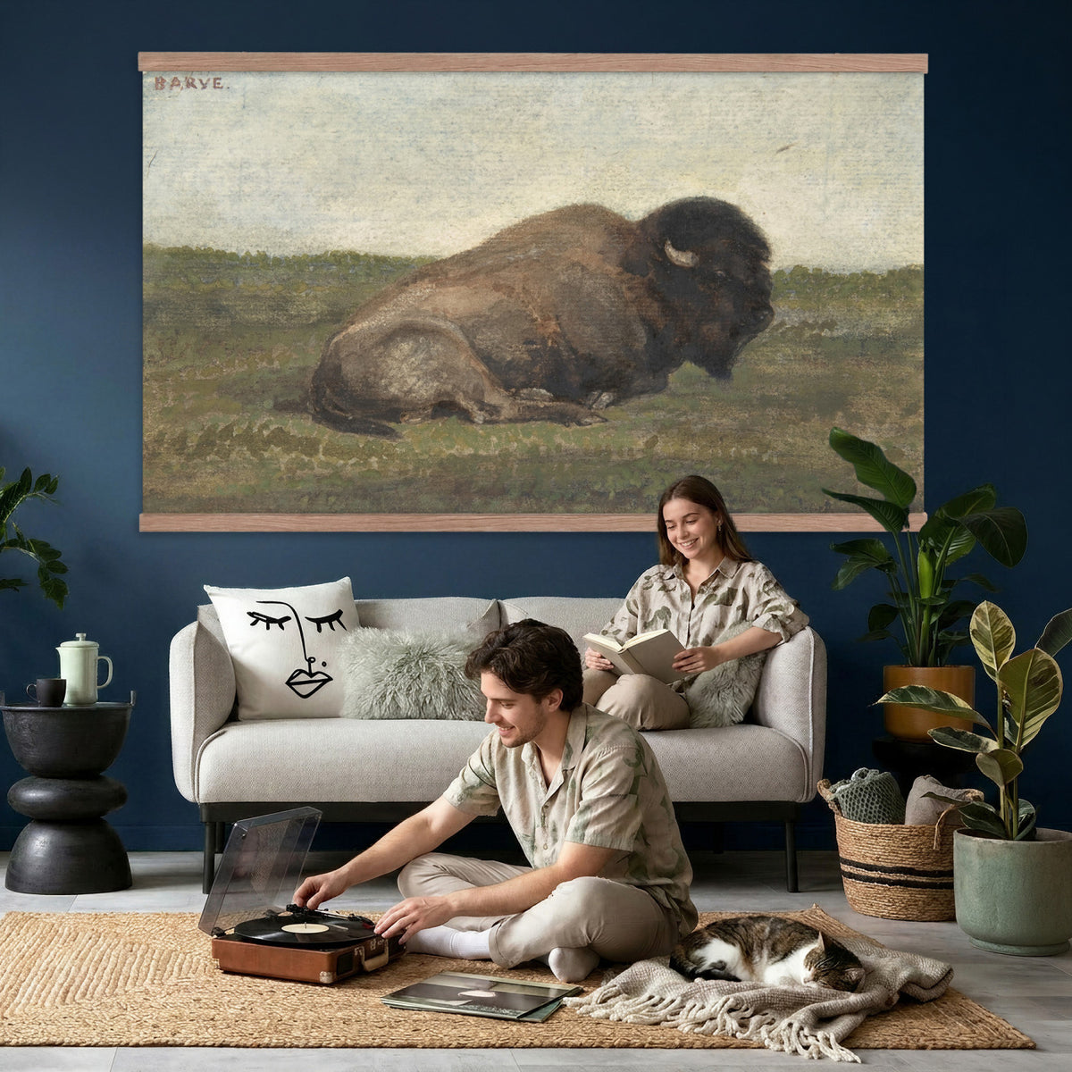 59987270-MGV-TP-30X20 - Realism oil painting tapestry wall hanging of "Bison Lying Down" by Antoine-Louis Barye, showing a heavy bison at rest on open prairie ground, painted with weight and quiet animal presence in deep brown bison coat against muted prairie grass and a low sky. Extra large wall art, made in the USA.