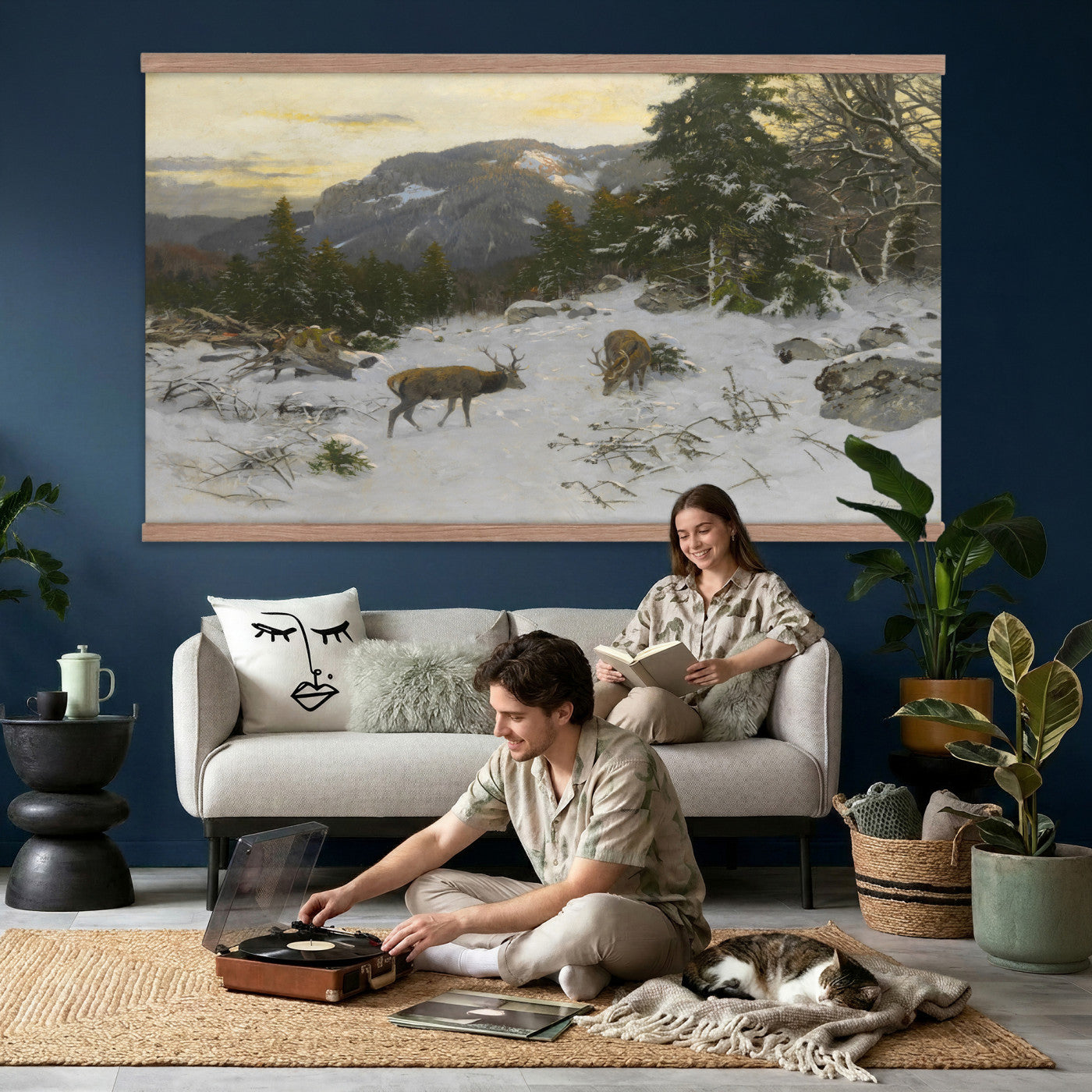 88363585-MGV-TP-30X20 - Realism oil painting tapestry wall hanging of "Rotwild" by Franz Xaver von Pausinger, showing a herd of red deer resting in a quiet clearing, tall grasses, and dark forest edges fading into soft light in warm russet deer coats against deep forest green and golden grass. Extra large wall art, made in the USA.