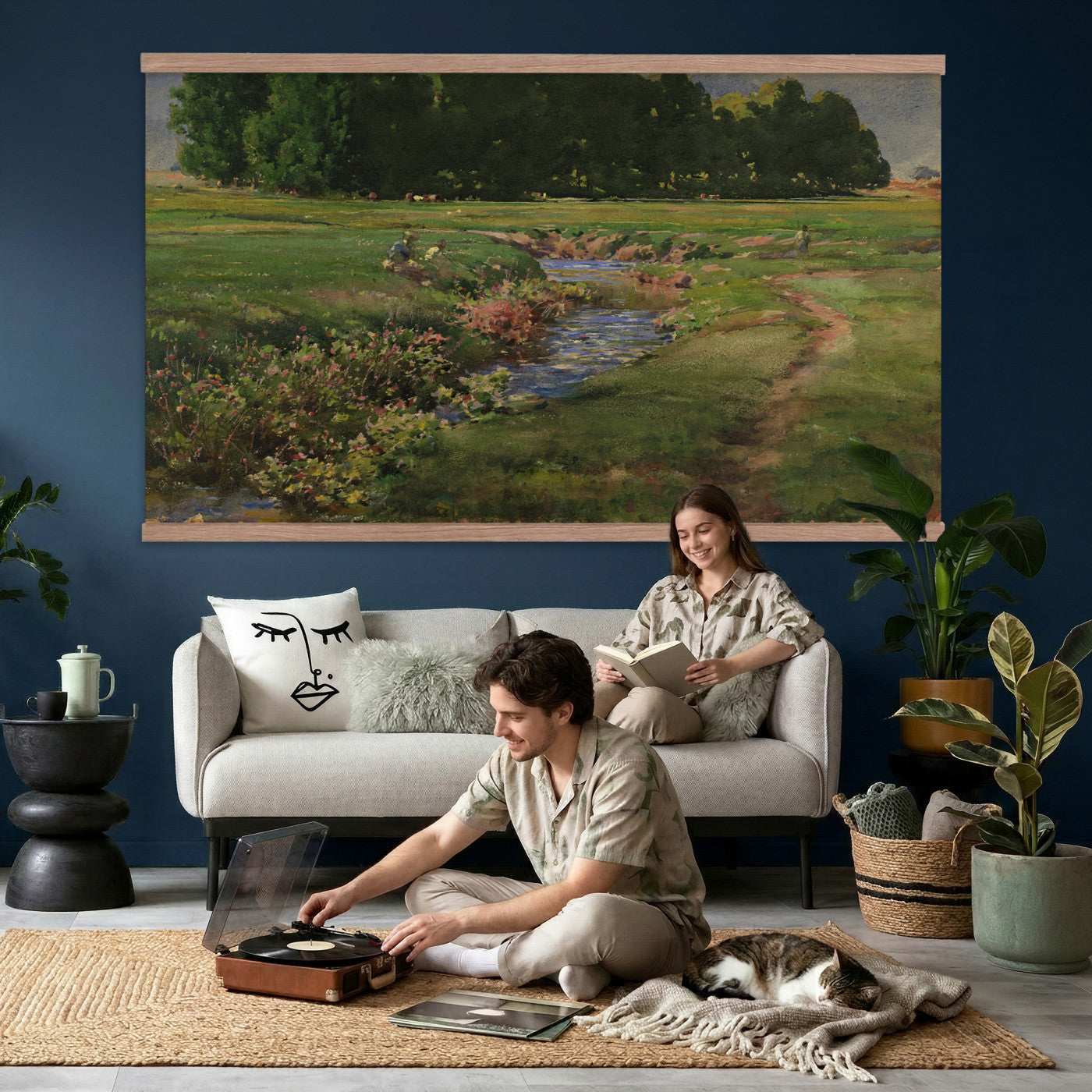 28805531-MGV-TP-30X20 - Tonalism watercolor tapestry wall hanging of "The Babbling Brook" by William Henry Holmes, showing a small brook running through open meadow grass, with soft banks, low shrubs, and a gentle rise beyond in fresh meadow greens with pale blue water and a soft light sky. Extra large wall art, made in the USA.