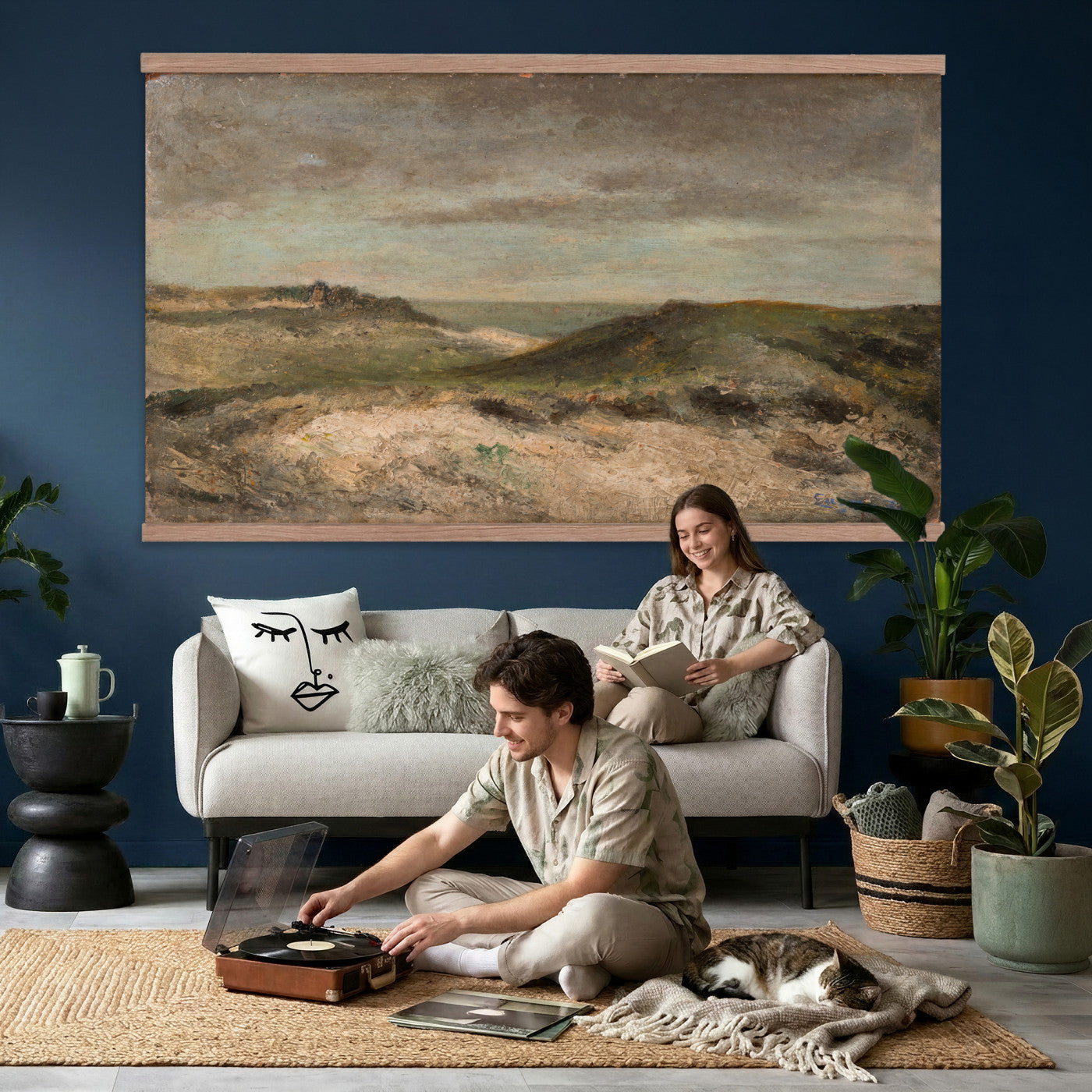 68383237-MGV-TP-30X20 - Expressionism oil painting tapestry wall hanging of "Dunes" by James Ensor, showing a steep dune ridge cutting across the canvas, with wind-bent grasses and a heavy sky pressing down behind it in muted sand and olive dune tones under a dark weighted sky. Extra large wall art, made in the USA.