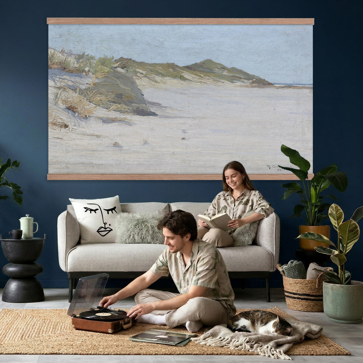 74023087-MGV-TP-30X20 - Impressionism oil painting tapestry wall hanging of "Beach Dunes" by Max Clarenbach, showing low rolling sand dunes topped with pale beach grass, opening toward a quiet sea under a wide soft sky in pale sand tones and dune grass under a wide soft blue-grey sky. Extra large wall art, made in the USA.
