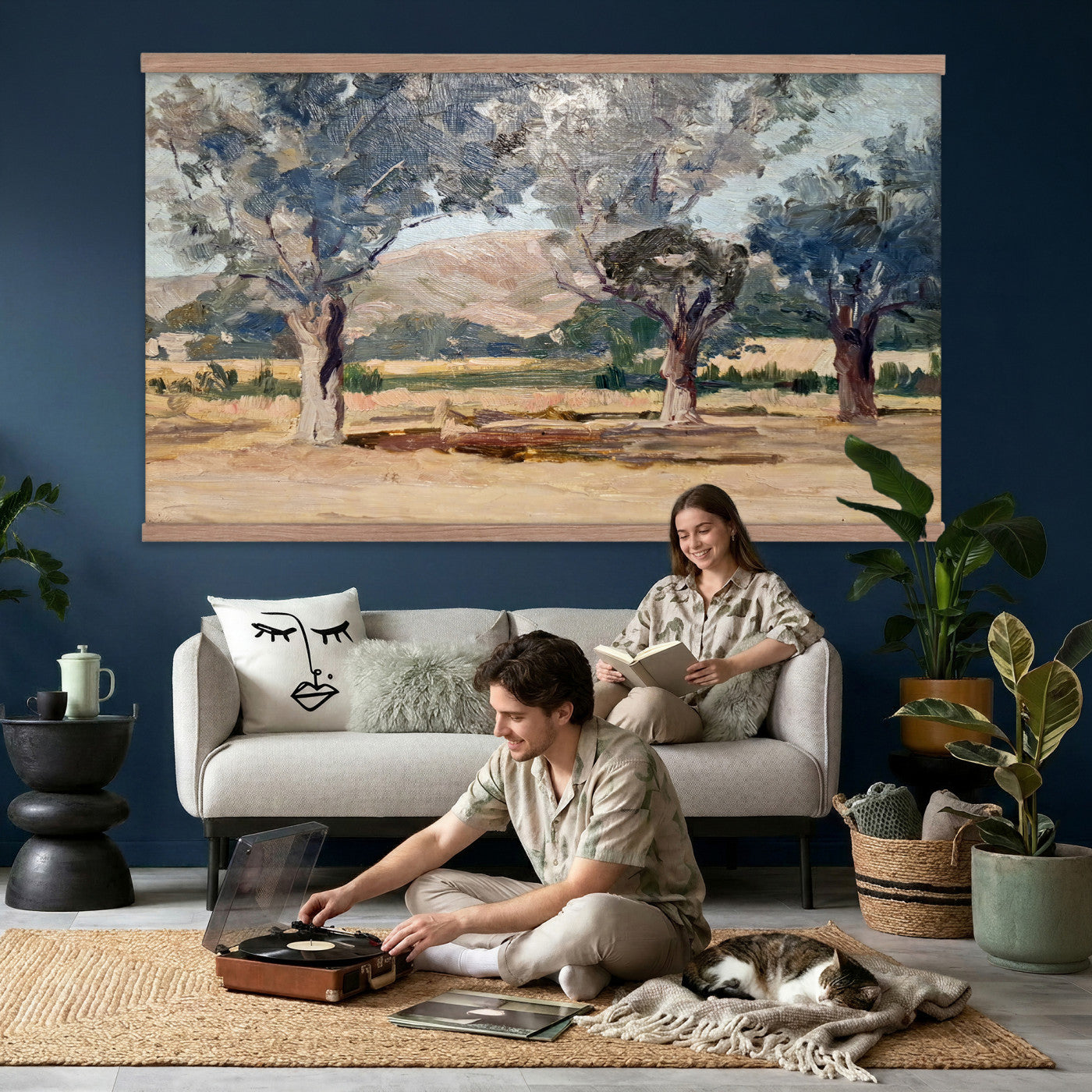 38071069-MGV-TP-30X20 - Impressionism oil painting tapestry wall hanging of "Landscape" by Jane Sutherland, showing a sunlit open field, dry golden grasses, and slender eucalyptus trees leaning under a bright southern sky in warm golden field tones with soft sage-green eucalyptus foliage. Extra large wall art, made in the USA.