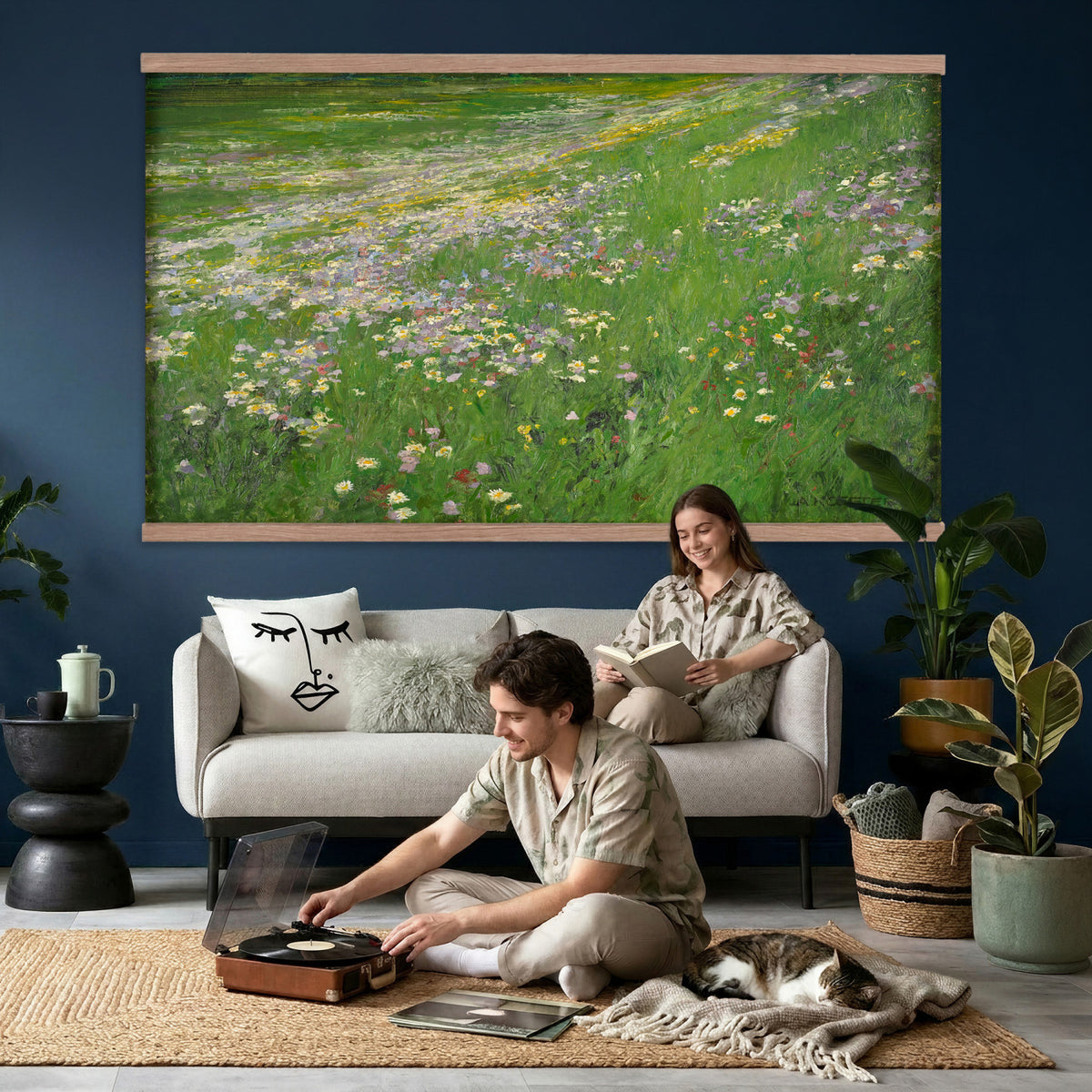 63535040-MGV-TP-30X20 - Impressionism oil painting tapestry wall hanging of "Wildflower Meadow", showing a wide meadow of daisies and summer wildflowers, painted in quick color strokes under warm open light in white daisies and yellow blooms across fresh green grass. Extra large wall art, made in the USA.