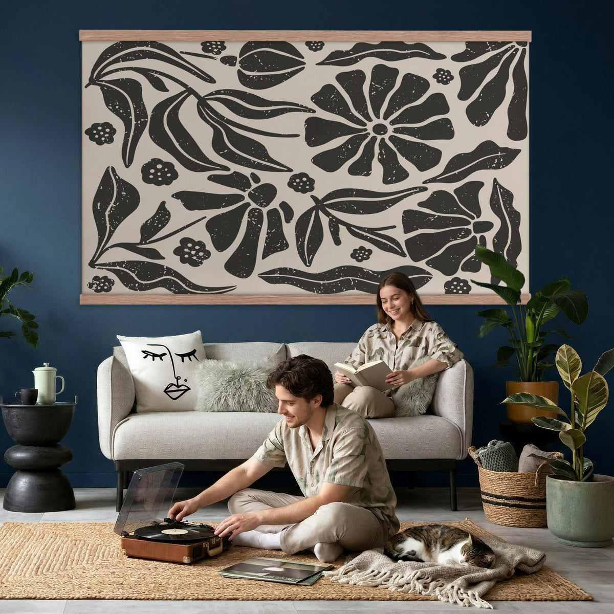 21342917-MGV-TP-30X20 - Mid Century Modern linocut print tapestry wall hanging of "Abstract Floral Linocut", showing simplified flower heads and stems cut into bold black shapes against clean white space in bold black shapes on a bright white ground. Extra large wall art, made in the USA.