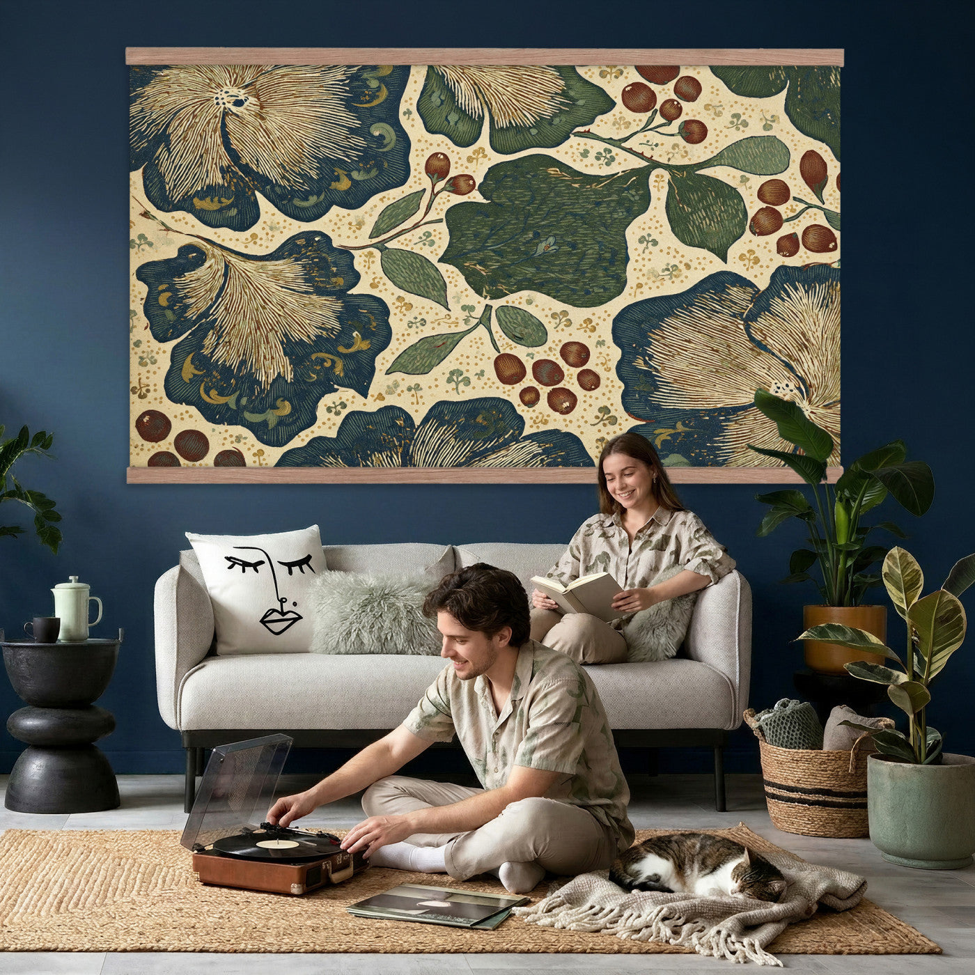 92325062-MGV-TP-30X20 - Art Nouveau pattern design tapestry wall hanging of "Sage Botanical Pattern" by William Morris, showing sage green stems, open flowers and layered foliage repeating in a balanced botanical weave in sage and olive green with soft cream botanical linework. Extra large wall art, made in the USA.
