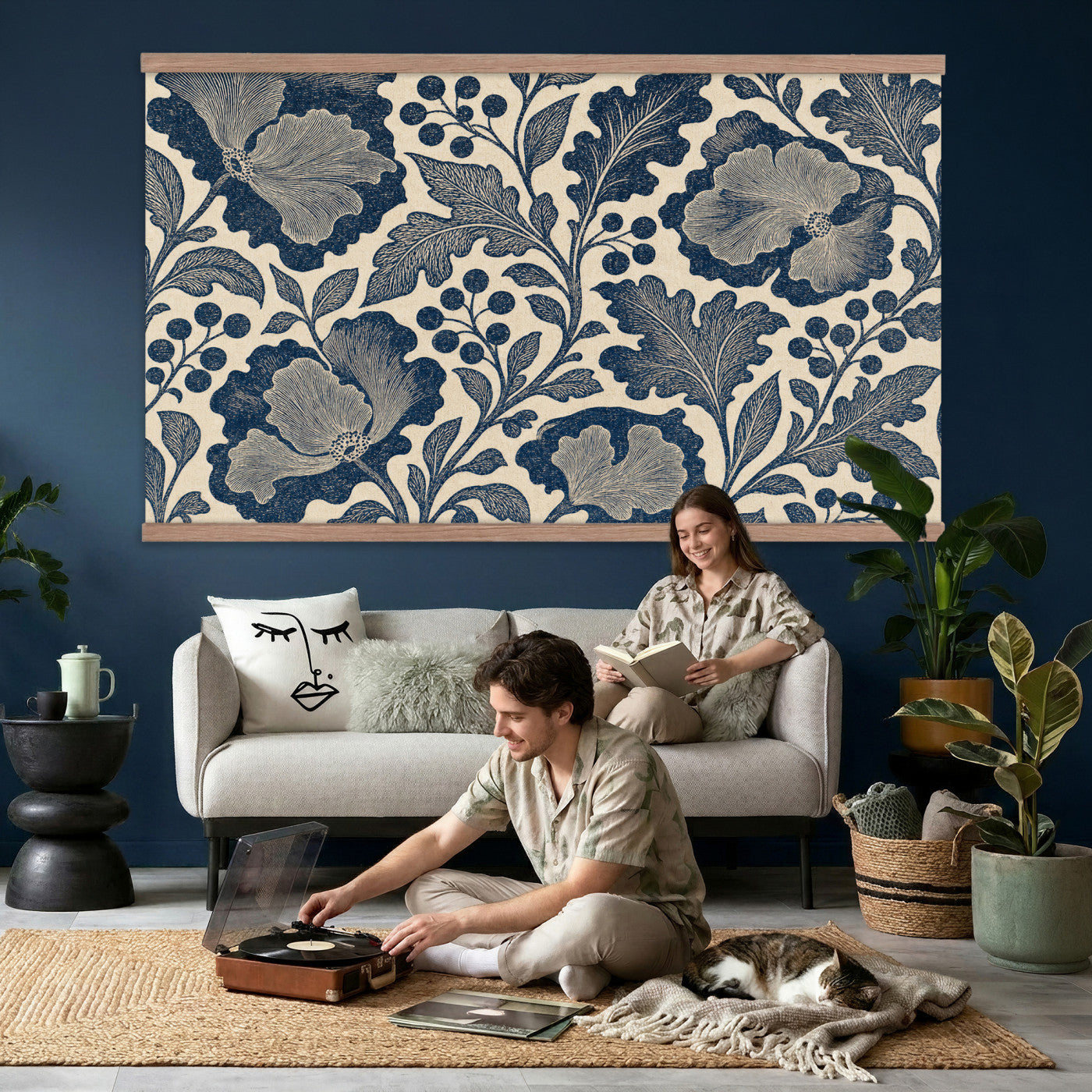 97130377-MGV-TP-30X20 - Art Nouveau pattern design tapestry wall hanging of "Indigo Botanical Pattern" by William Morris, showing trailing indigo stems, open blossoms and curling leaves repeating across the full width in deep indigo and cobalt blue with soft cream linework. Extra large wall art, made in the USA.
