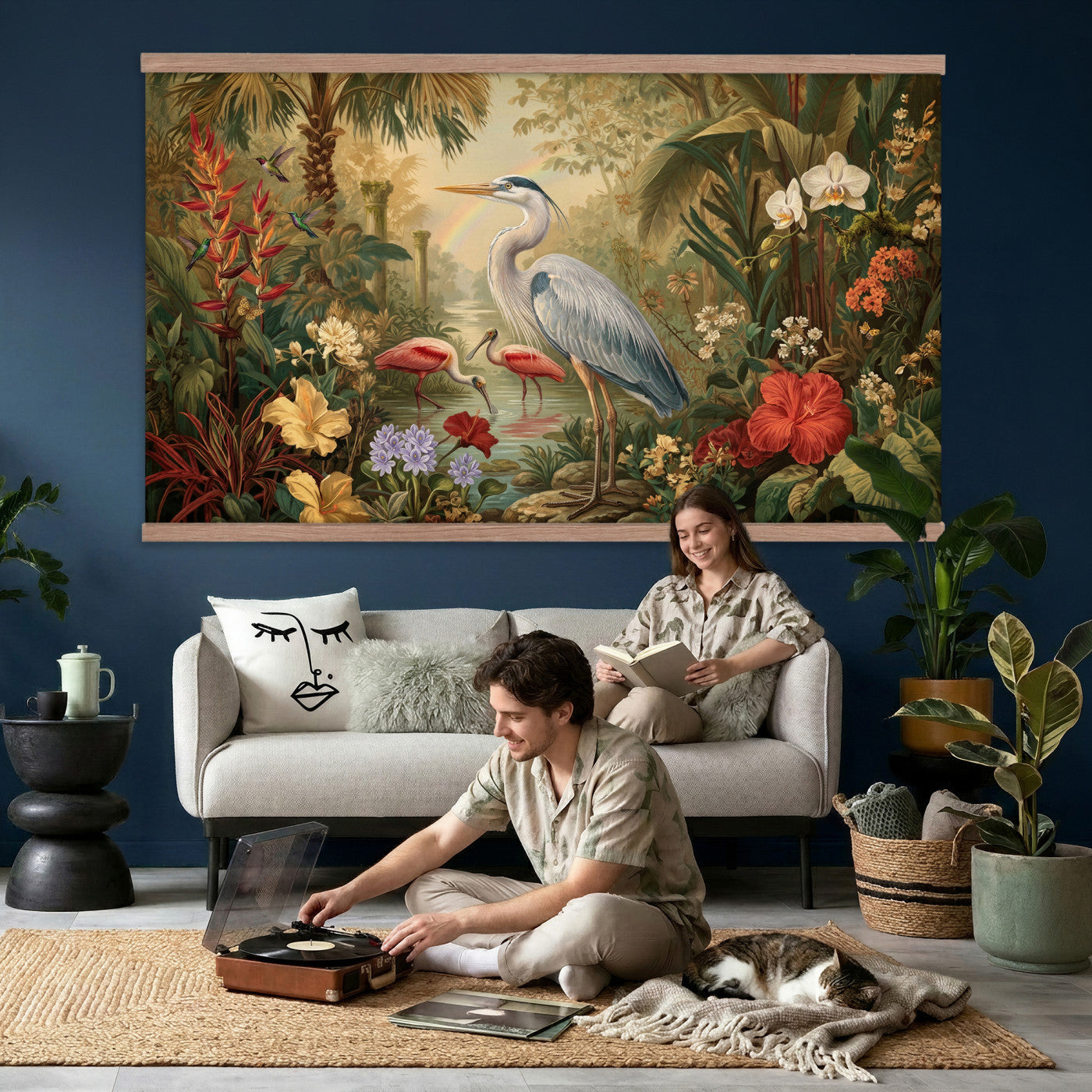20081183-MGV-TP-30X20 - Botanical botanical illustration tapestry wall hanging of "Great Blue Heron in the Jungle", showing a great blue heron standing among hibiscus blooms, palm fronds and dense tropical foliage in deep jungle greens with red hibiscus and soft blue heron plumage. Extra large wall art, made in the USA.