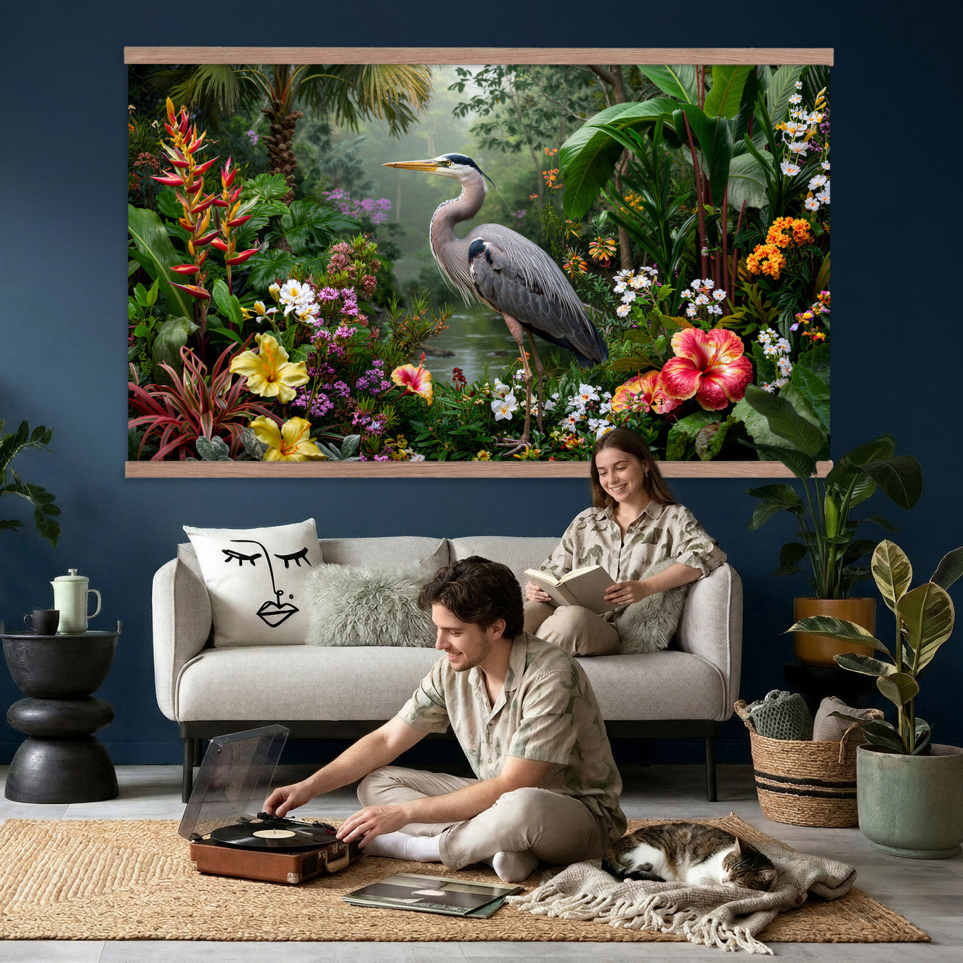 82504330-MGV-TP-30X20 - Botanical botanical illustration tapestry wall hanging of "Great Blue Heron in the Jungle", showing a great blue heron standing among hibiscus blooms, palm fronds and dense tropical foliage in deep jungle greens with red hibiscus and soft blue heron plumage. Extra large wall art, made in the USA.