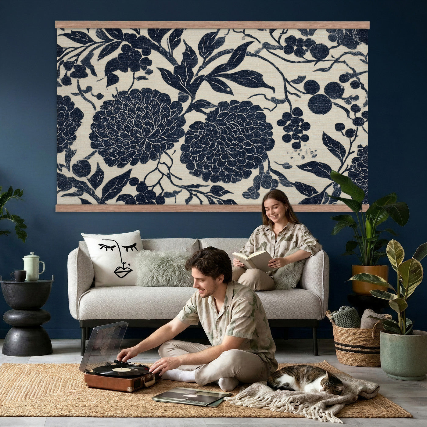 42507419-MGV-TP-30X20 - Chinoiserie ink block print tapestry wall hanging of "Chinoiserie Peony and Chrysanthemum Panel", showing peonies and chrysanthemums layered across a soft grey field, drawn in muted black line in black and soft grey linework on a warm neutral ground. Extra large wall art, made in the USA.