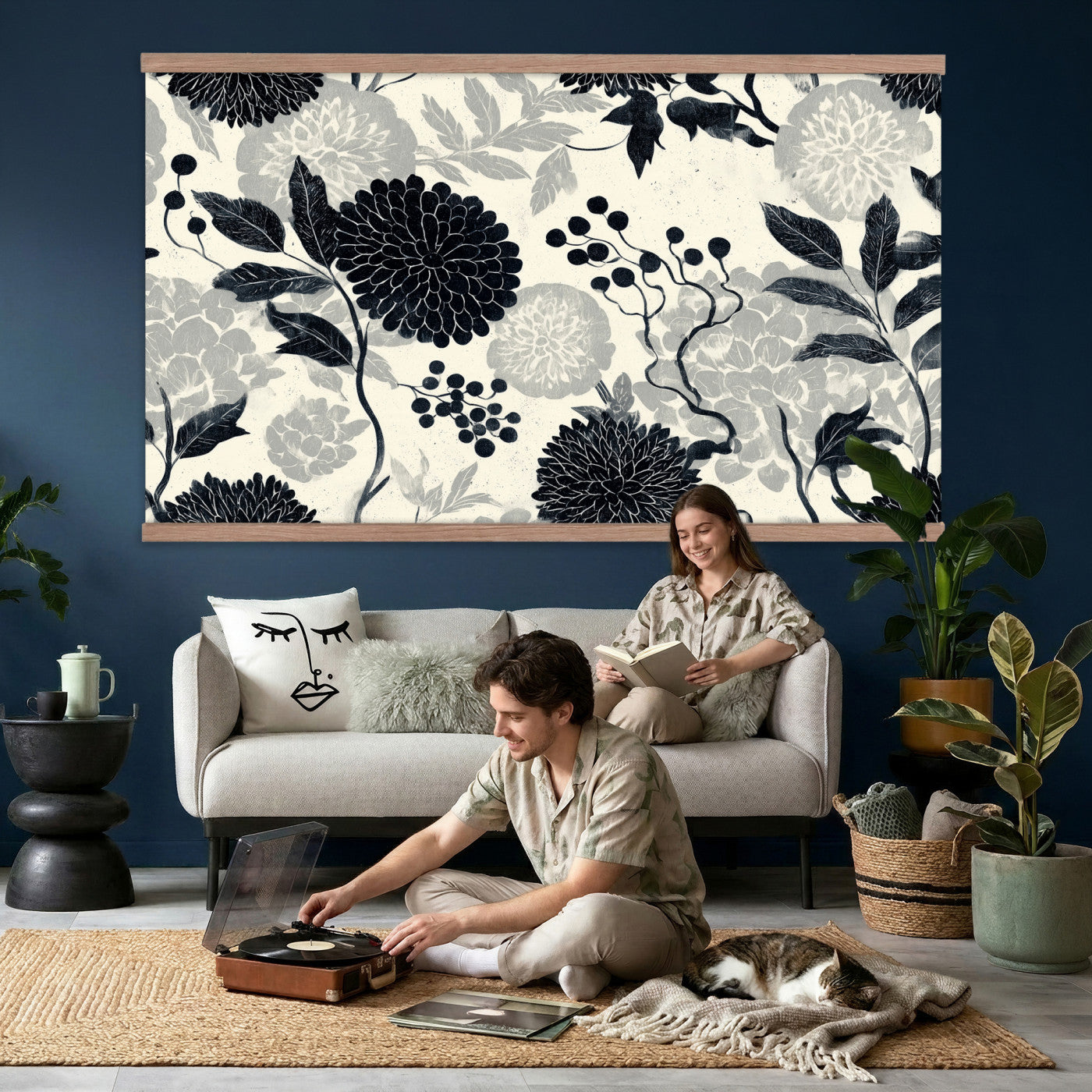 27269625-MGV-TP-30X20 - Chinoiserie ink block print tapestry wall hanging of "Chinoiserie Peony and Chrysanthemum Panel", showing peonies and chrysanthemums layered across a soft grey field, drawn in muted black line in black and soft grey linework on a warm neutral ground. Extra large wall art, made in the USA.