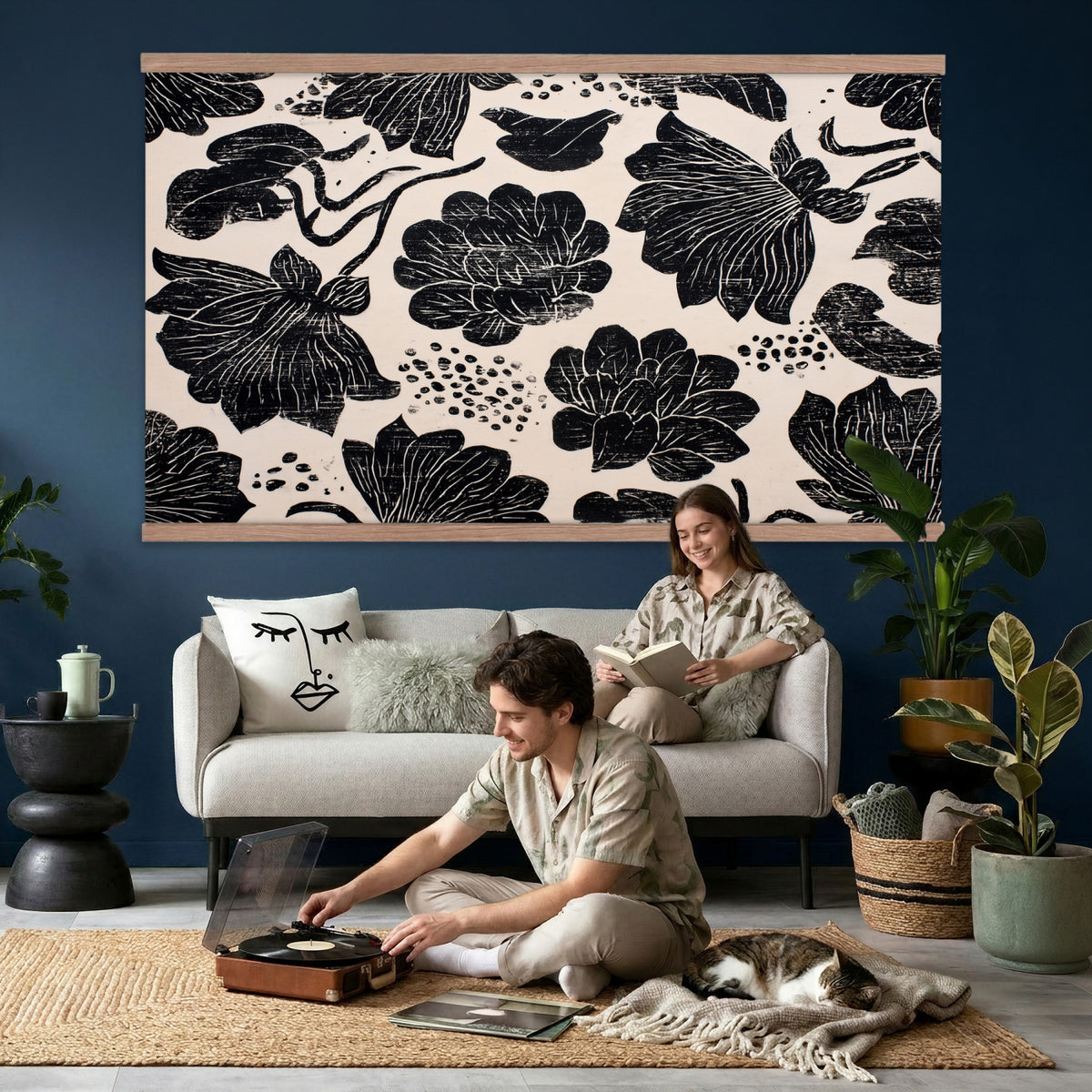 91793867-MGV-TP-30X20 - Chinoiserie ink block print tapestry wall hanging of "Chinoiserie Lotus Panel", showing open lotus flowers and broad water lily pads rising on tall stems, cut in bold black and white in deep black lotus linework on a soft white ground. Extra large wall art, made in the USA.