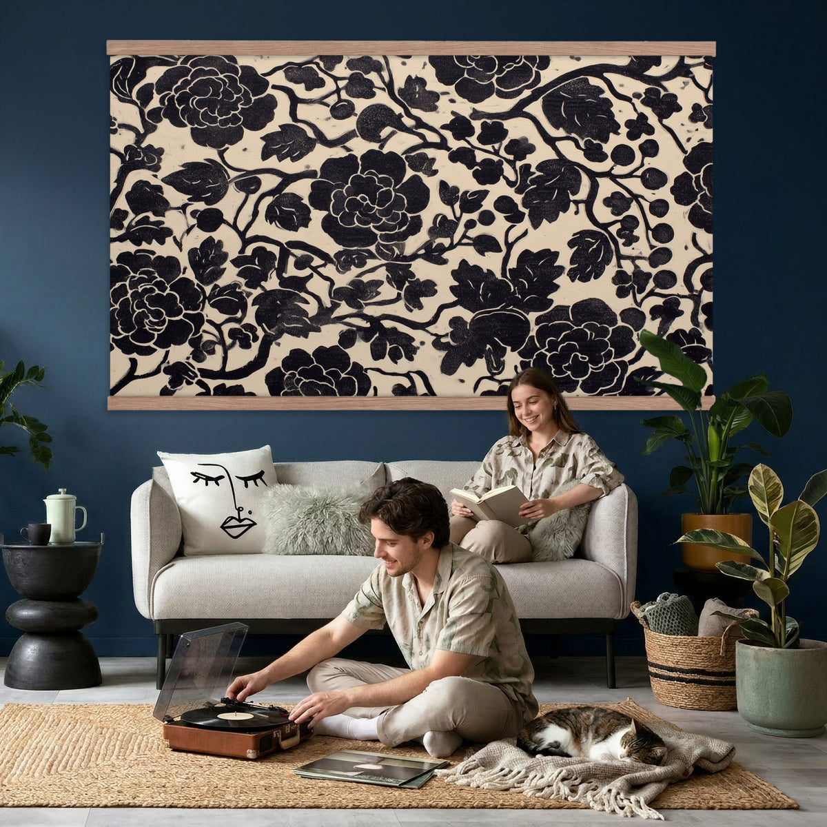 18660803-MGV-TP-30X20 - Chinoiserie ink block print tapestry wall hanging of "Chinoiserie Peony Panel", showing full peony blooms, curling stems and layered leaf work drawn in fine black line on a pale ground in deep black linework on a soft white ground. Extra large wall art, made in the USA.