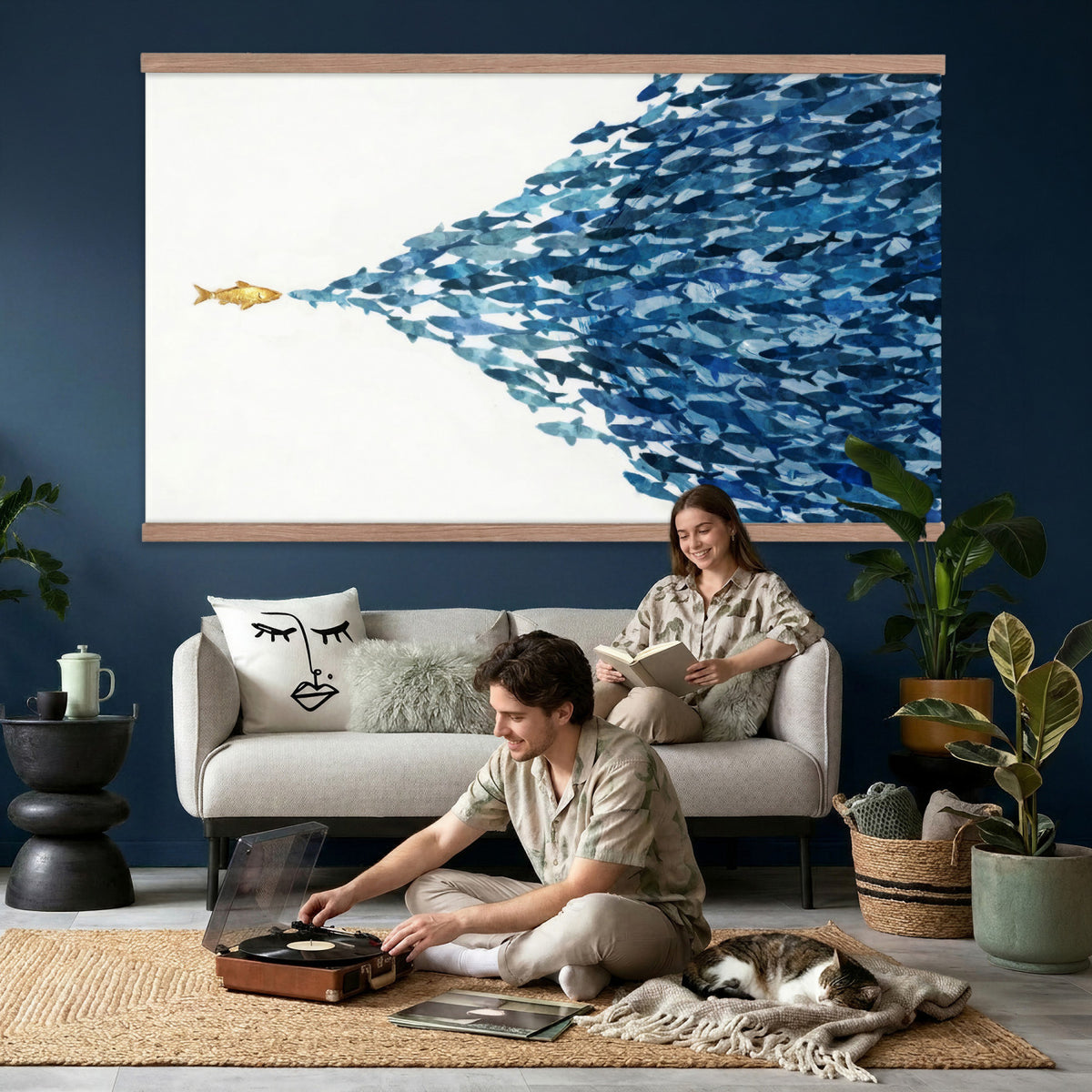 79089639TT-MGV-TP-30X20 - Abstract Blue Fish School Canvas Wall Art, Gold Foil Accent Marine Print