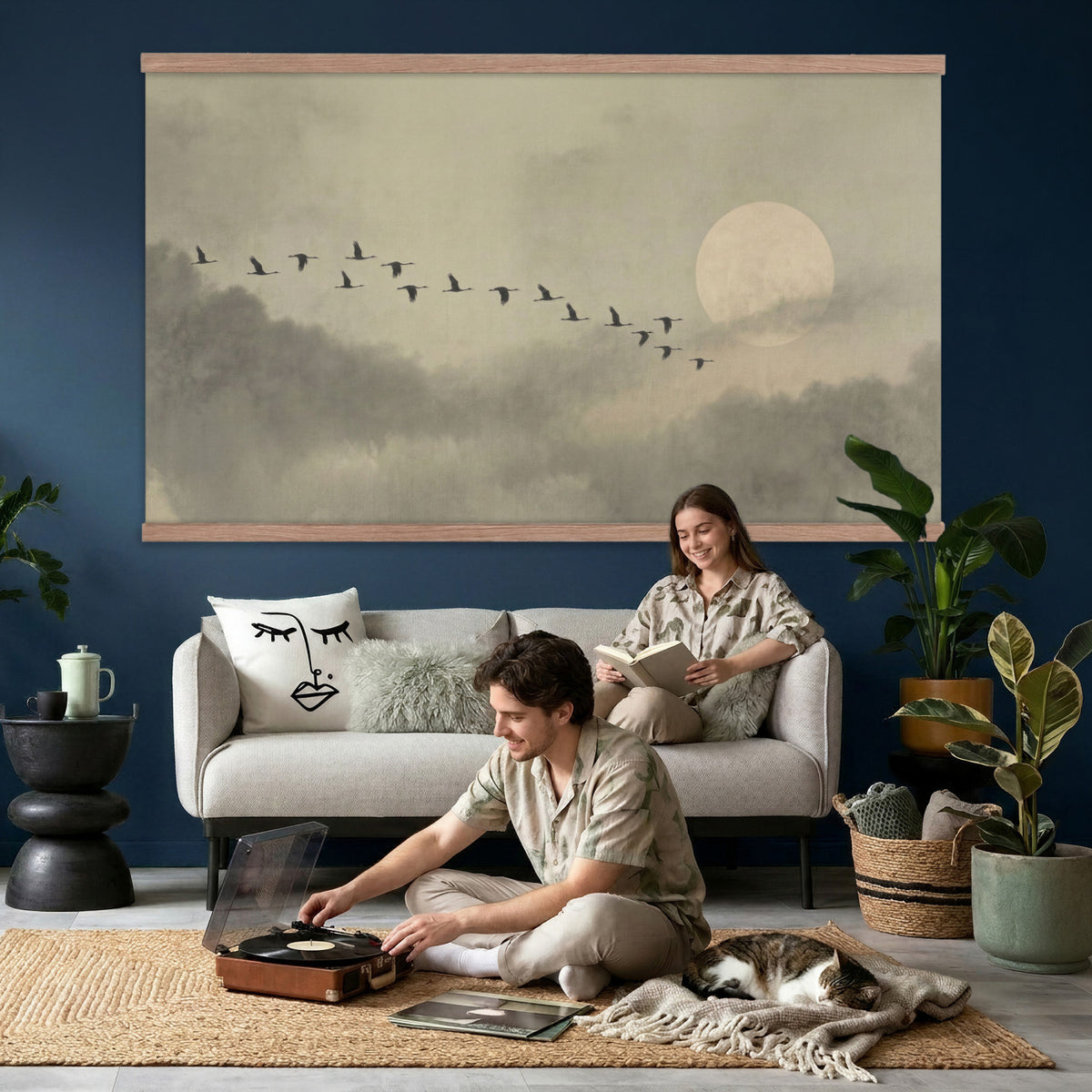 1209814BT-MGV-TP-30X20 - Flying Cranes Tapestry Wall Art, Misty Landscape with Moon, Sage Green Japandi Decor, Framed Print