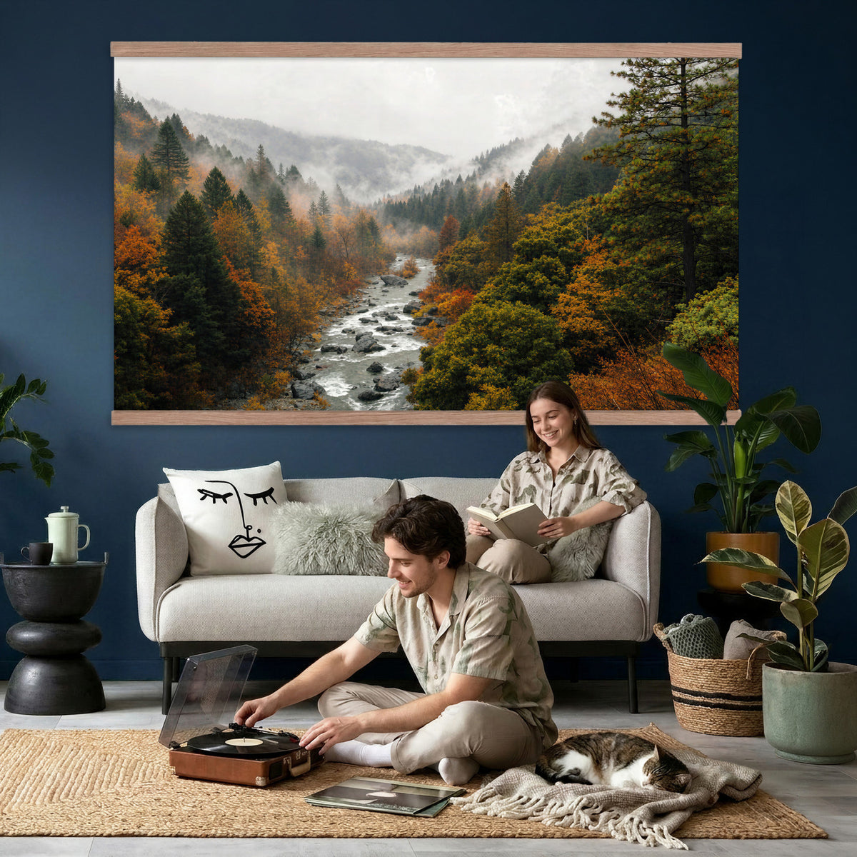 95540697-MGV-TP-30X20 - Misty River Mountain Valley Canvas Wall Art - Autumn Forest Landscape Nature Print
