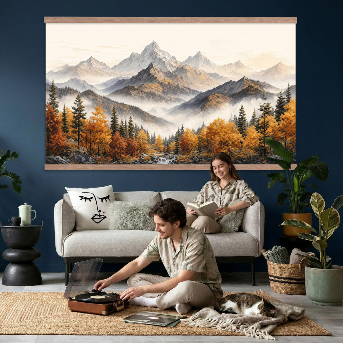 21309099-MGV-TP-30X20 - Extra Large Misty Mountain Autumn Forest Canvas Wall Art - Watercolor Fall Nature Landscape Print