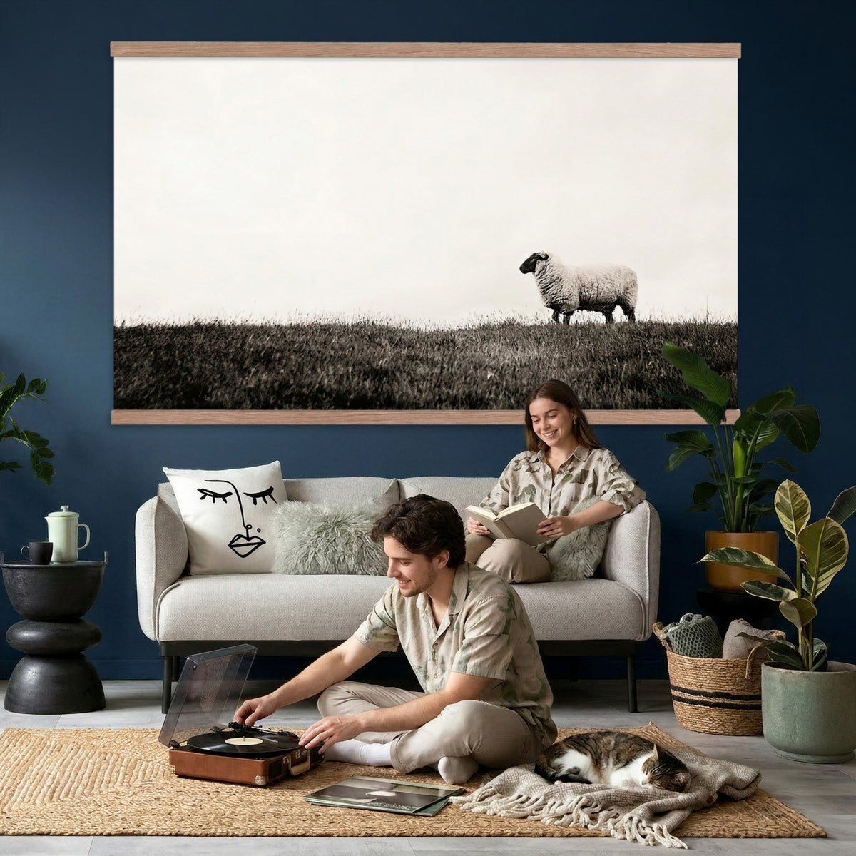 72749448-MGV-TP-30X20 - Minimalist Sepia Sheep Canvas Wall Art - Rustic Farmhouse Country Landscape Print