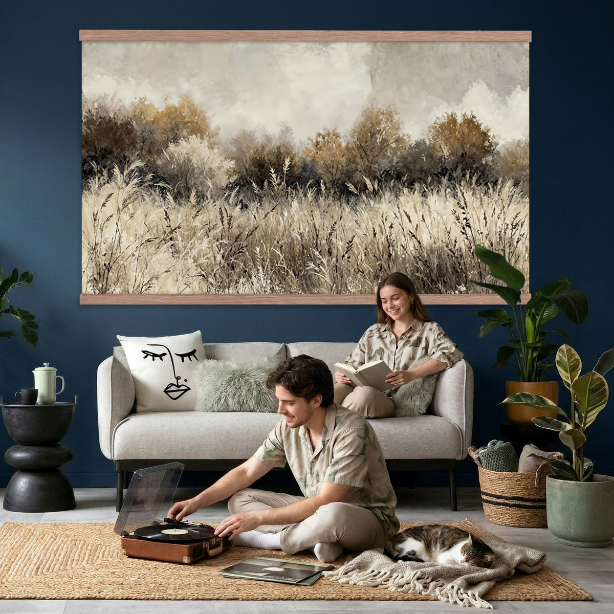 53959945-MGV-TP-30X20 - Muted Neutral Forest Landscape Canvas Wall Art - Vintage Rustic Wildflower Meadow Print
