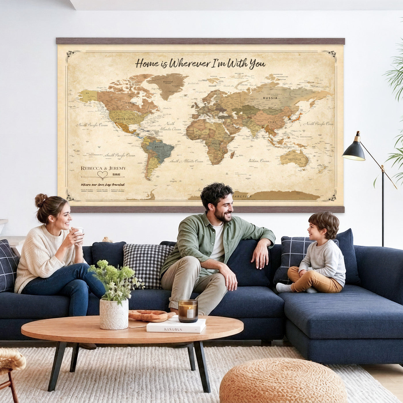 40086165-MGV-TP-30X20 - Framed Vintage Custom Push Pin World Map Canvas Print – Personalized Travel Map Wall Art