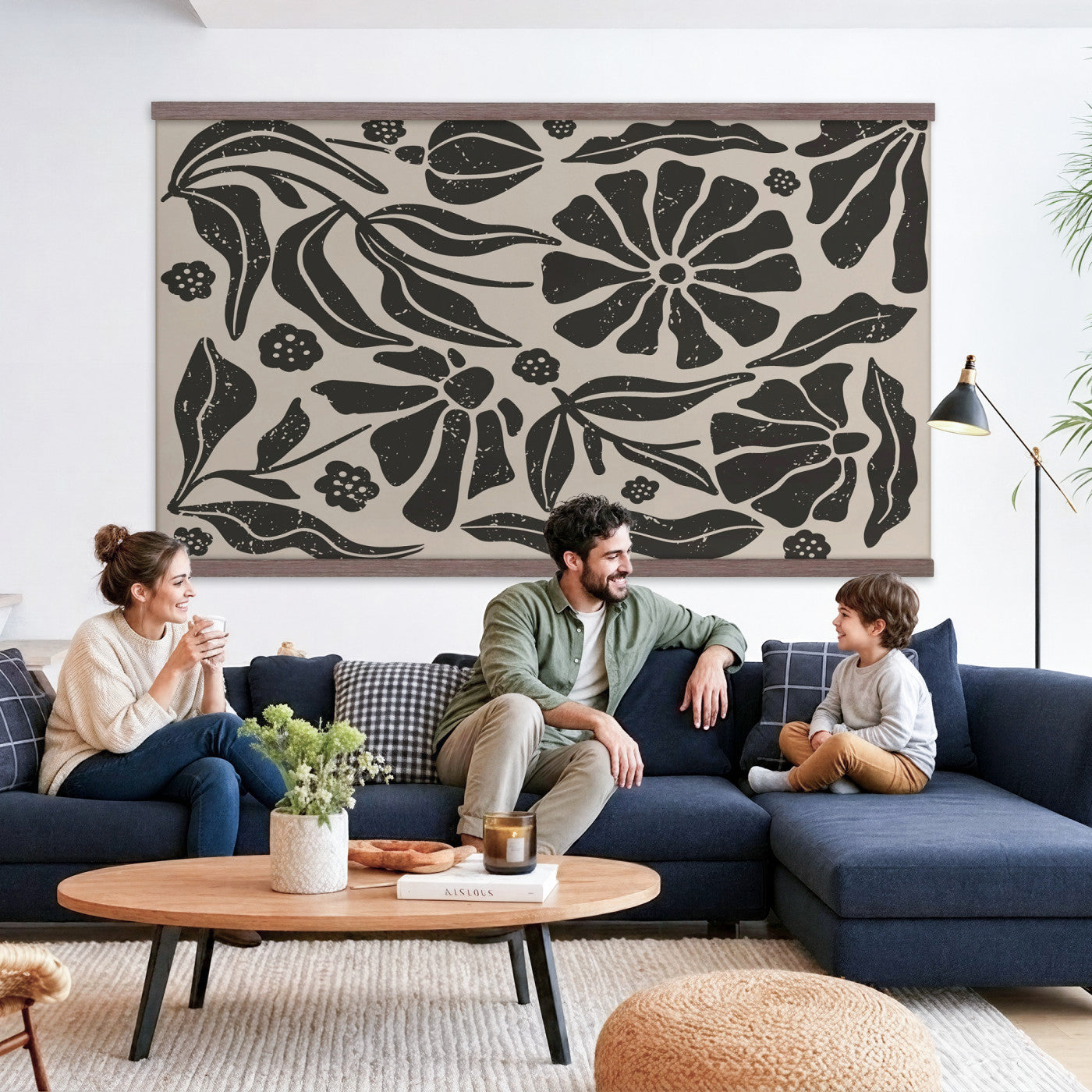 21342917-MGV-TP-30X20 - Mid Century Modern linocut print tapestry wall hanging of "Abstract Floral Linocut", showing simplified flower heads and stems cut into bold black shapes against clean white space in bold black shapes on a bright white ground. Extra large wall art, made in the USA.