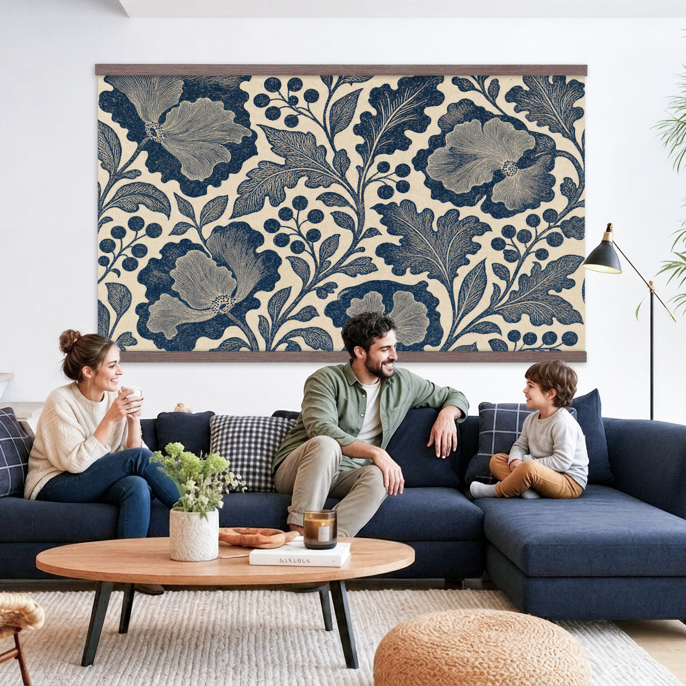 97130377-MGV-TP-30X20 - Art Nouveau pattern design tapestry wall hanging of "Indigo Botanical Pattern" by William Morris, showing trailing indigo stems, open blossoms and curling leaves repeating across the full width in deep indigo and cobalt blue with soft cream linework. Extra large wall art, made in the USA.