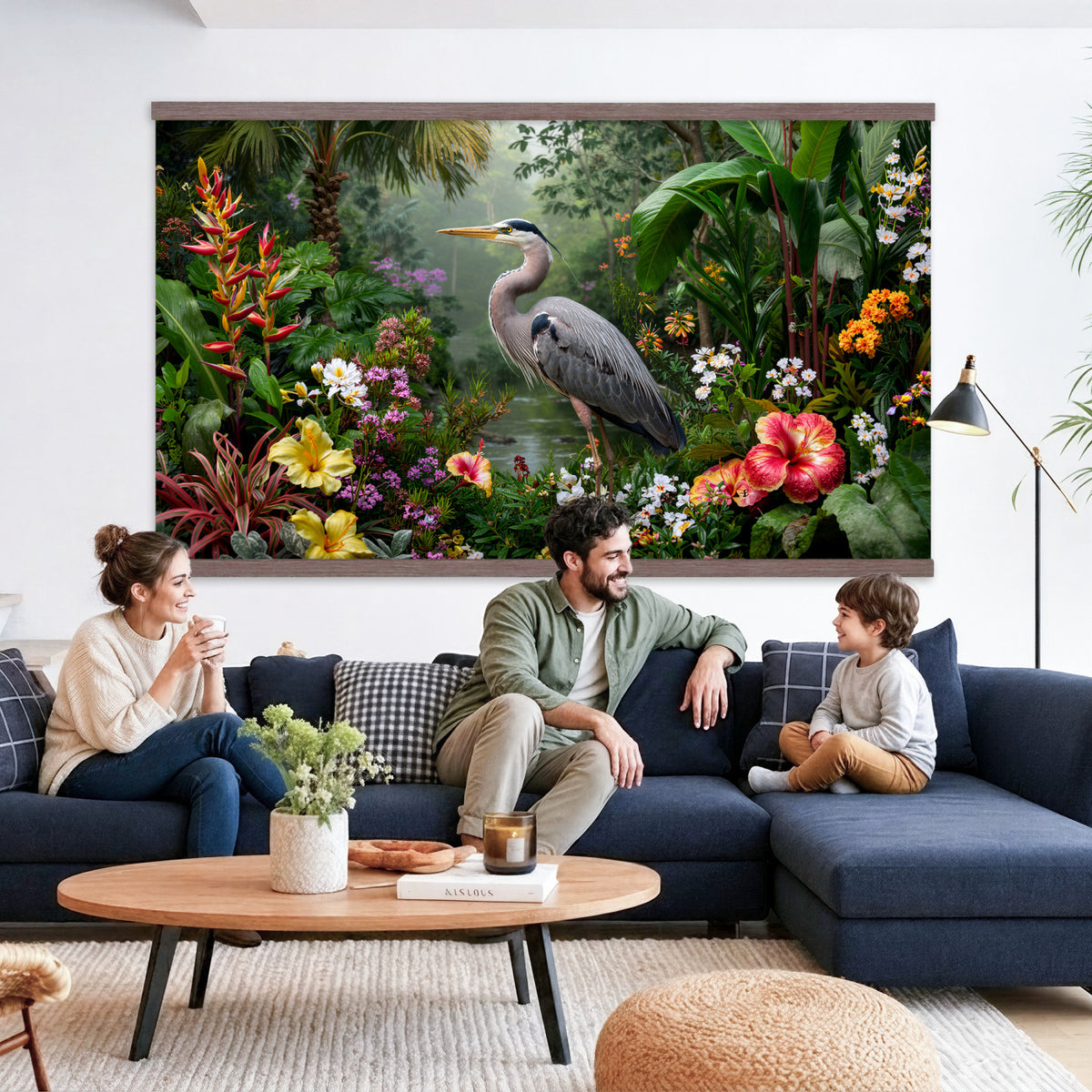 82504330-MGV-TP-30X20 - Botanical botanical illustration tapestry wall hanging of "Great Blue Heron in the Jungle", showing a great blue heron standing among hibiscus blooms, palm fronds and dense tropical foliage in deep jungle greens with red hibiscus and soft blue heron plumage. Extra large wall art, made in the USA.