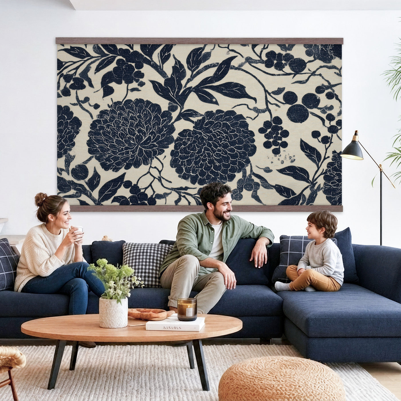 42507419-MGV-TP-30X20 - Chinoiserie ink block print tapestry wall hanging of "Chinoiserie Peony and Chrysanthemum Panel", showing peonies and chrysanthemums layered across a soft grey field, drawn in muted black line in black and soft grey linework on a warm neutral ground. Extra large wall art, made in the USA.