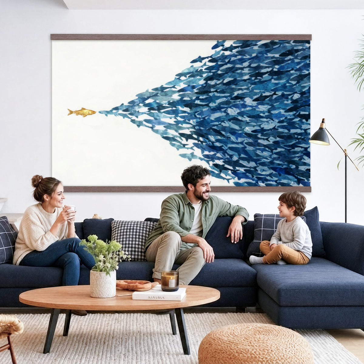 79089639TT-MGV-TP-30X20 - Abstract Blue Fish School Canvas Wall Art, Gold Foil Accent Marine Print