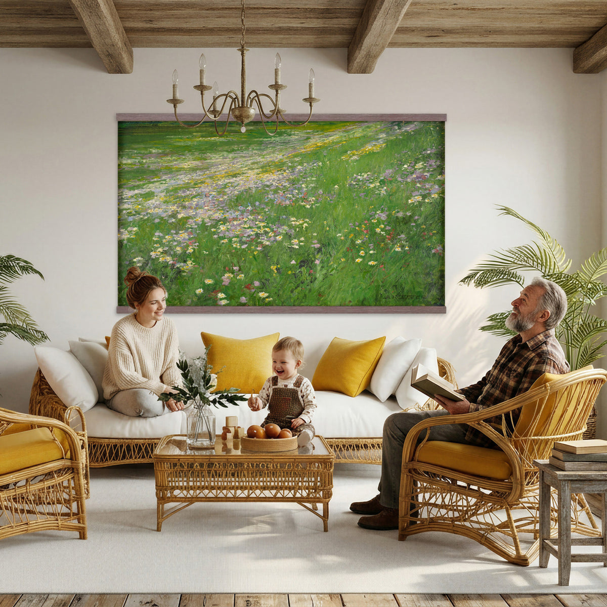 63535040-MGV-TP-30X20 - Impressionism oil painting tapestry wall hanging of "Wildflower Meadow", showing a wide meadow of daisies and summer wildflowers, painted in quick color strokes under warm open light in white daisies and yellow blooms across fresh green grass. Extra large wall art, made in the USA.