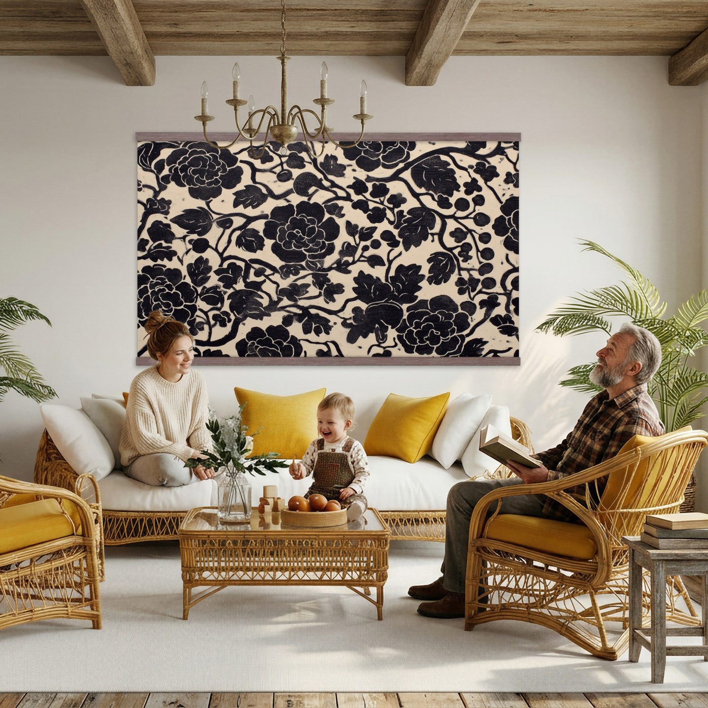 18660803-MGV-TP-30X20 - Chinoiserie ink block print tapestry wall hanging of "Chinoiserie Peony Panel", showing full peony blooms, curling stems and layered leaf work drawn in fine black line on a pale ground in deep black linework on a soft white ground. Extra large wall art, made in the USA.