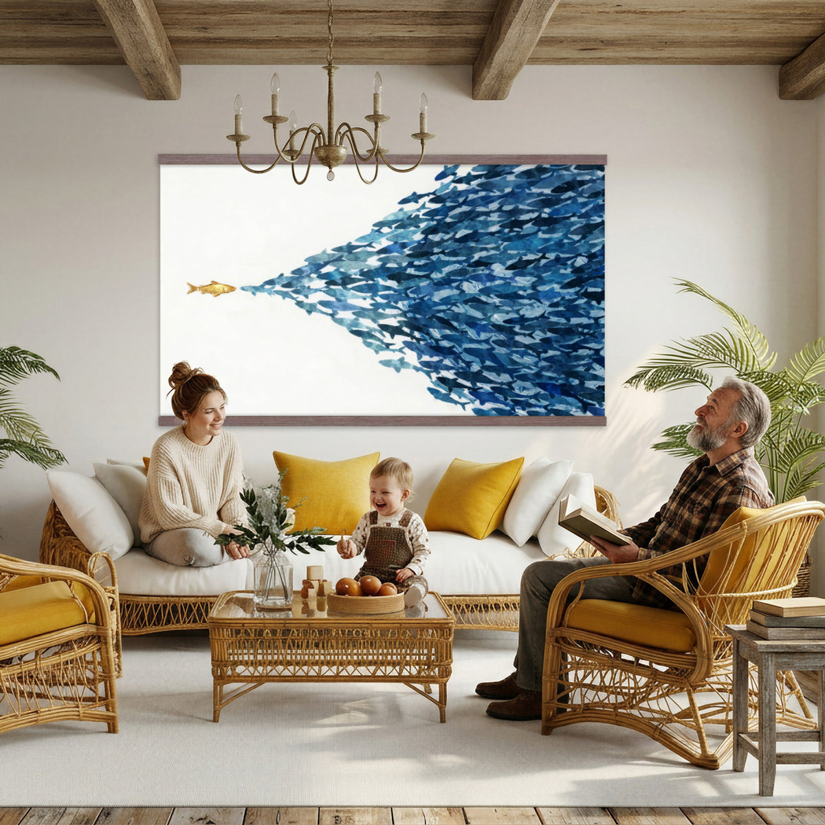 79089639TT-MGV-TP-30X20 - Abstract Blue Fish School Canvas Wall Art, Gold Foil Accent Marine Print