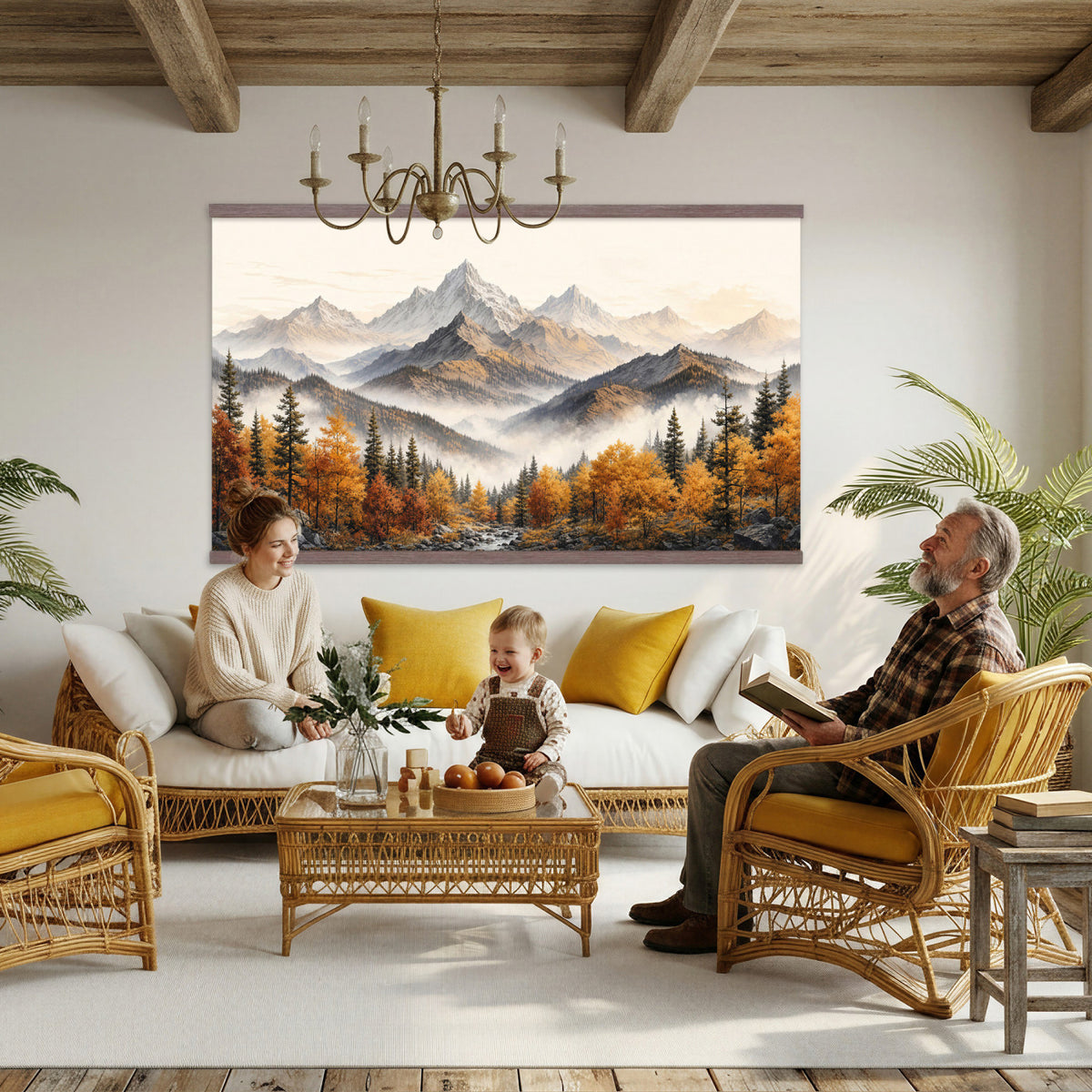 21309099-MGV-TP-30X20 - Extra Large Misty Mountain Autumn Forest Canvas Wall Art - Watercolor Fall Nature Landscape Print